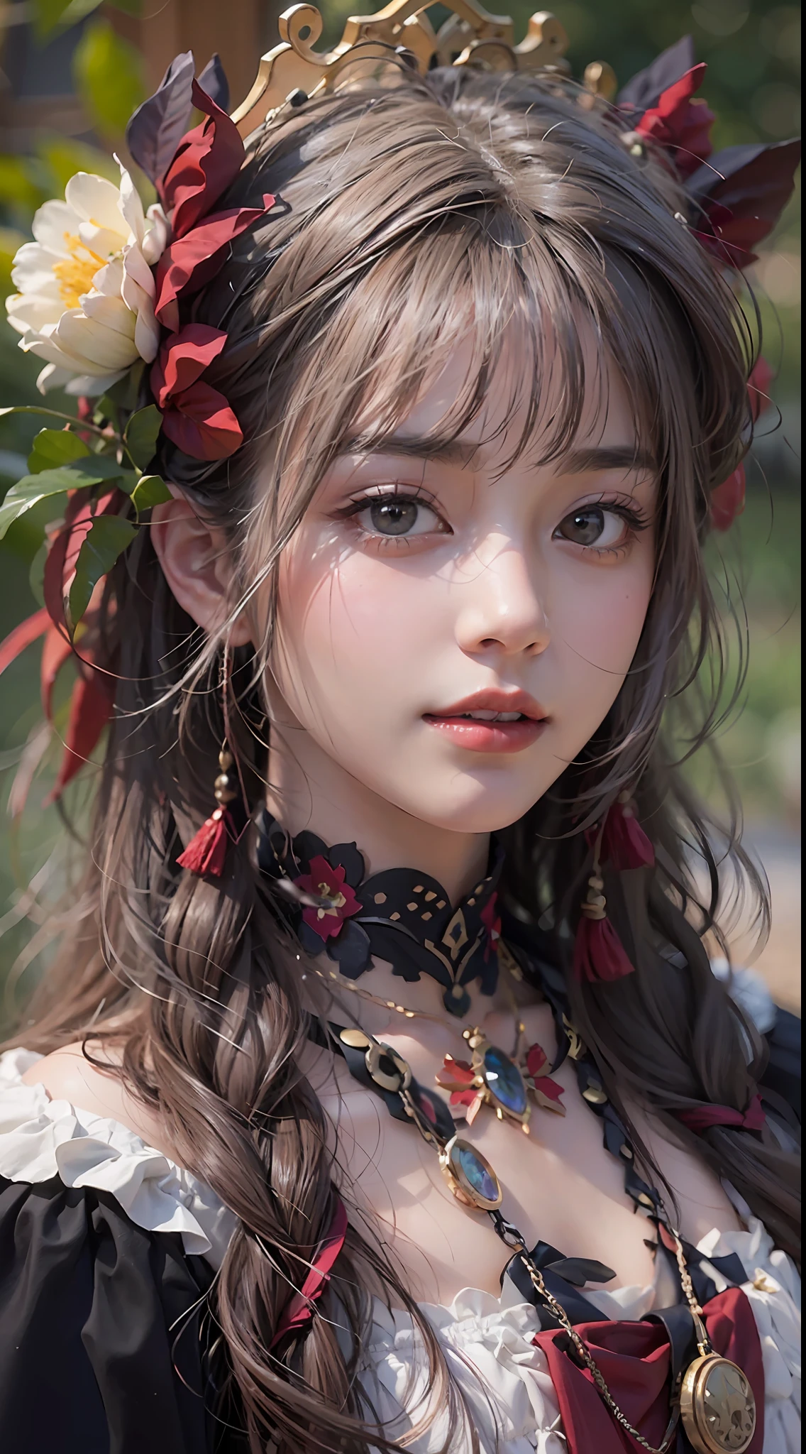 A beautiful young woman poses outside,A half body,dreamy hazy,In the style of Kawacy, Dark red and light black,webcam photography, Detailed costumes, Rodenstock Imagon 300mm F/5.8, Realistic impressions,soothing tones,pastel colour,