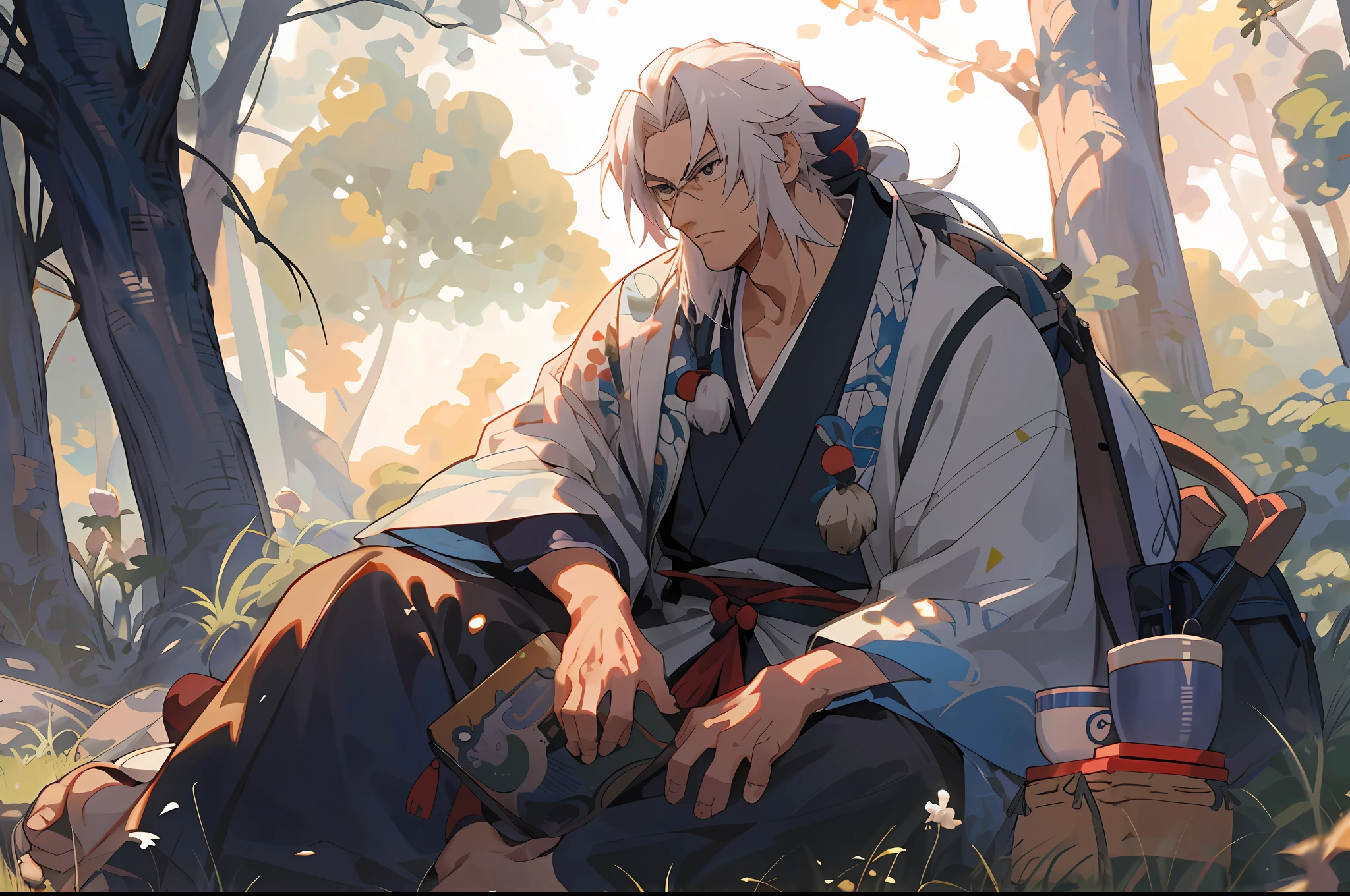 Anime characters sitting on grass,Carrying a backpack and mugs, makoto sinkai, trending on artstation pixiv, Guviz-style artwork, relaxed dwarf with white hair, Best anime 4k konachan wallpaper, 4K anime wallpaper, traditional japanese concept art, miyamoto musashi, Detailed digital anime art, Onmyoji detailed art
