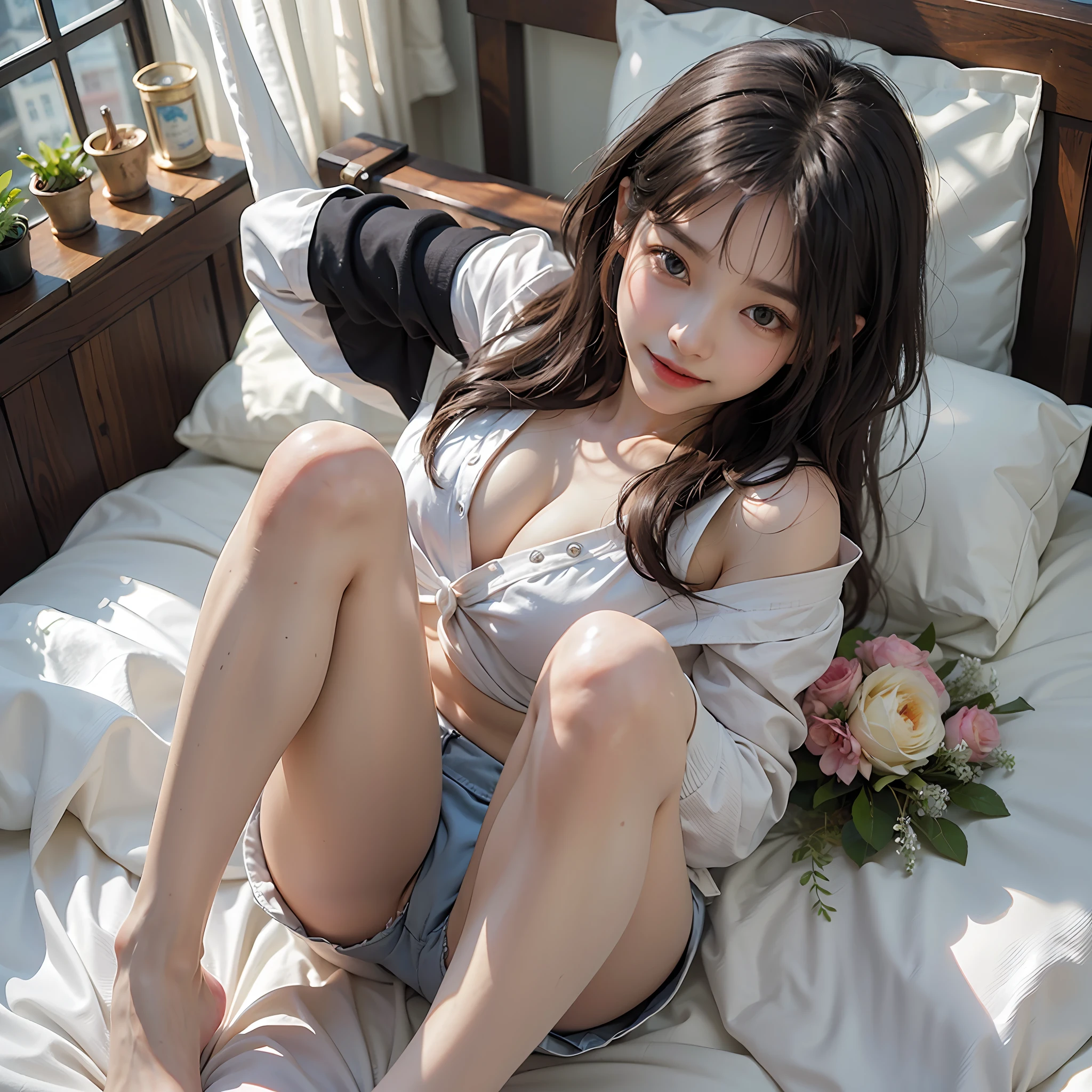 (high-level image quality、high-detail、hightquality、​masterpiece)、 s、Bend your knees and open your legs on the bed、View from above、Shy laughter、Grab your ankles、((barechested、pubick hair、teats、middlebreast))