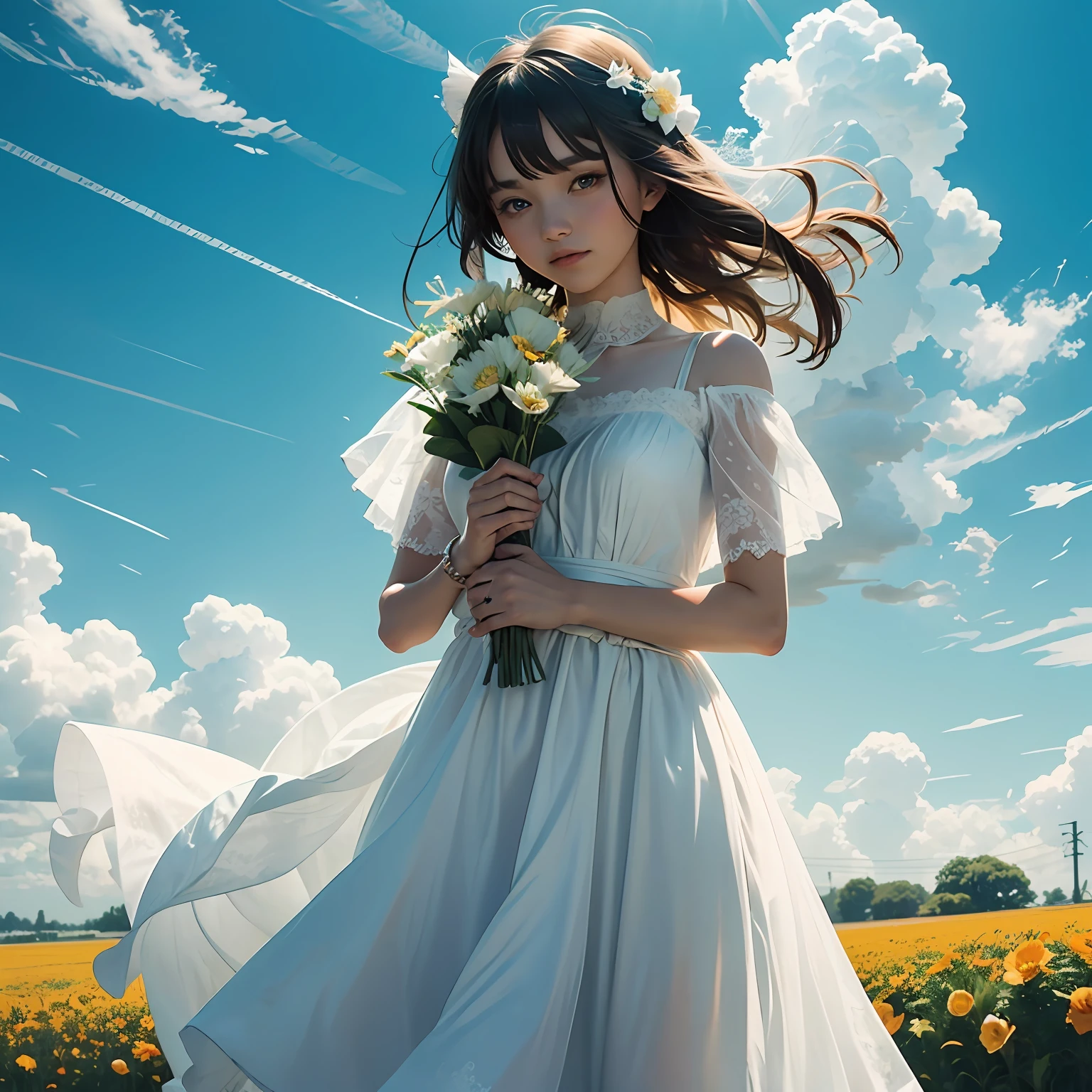 A girl holding flowers,Wearing a white gauze dress,with blue sky and white clouds,There is also an orange kitten --auto