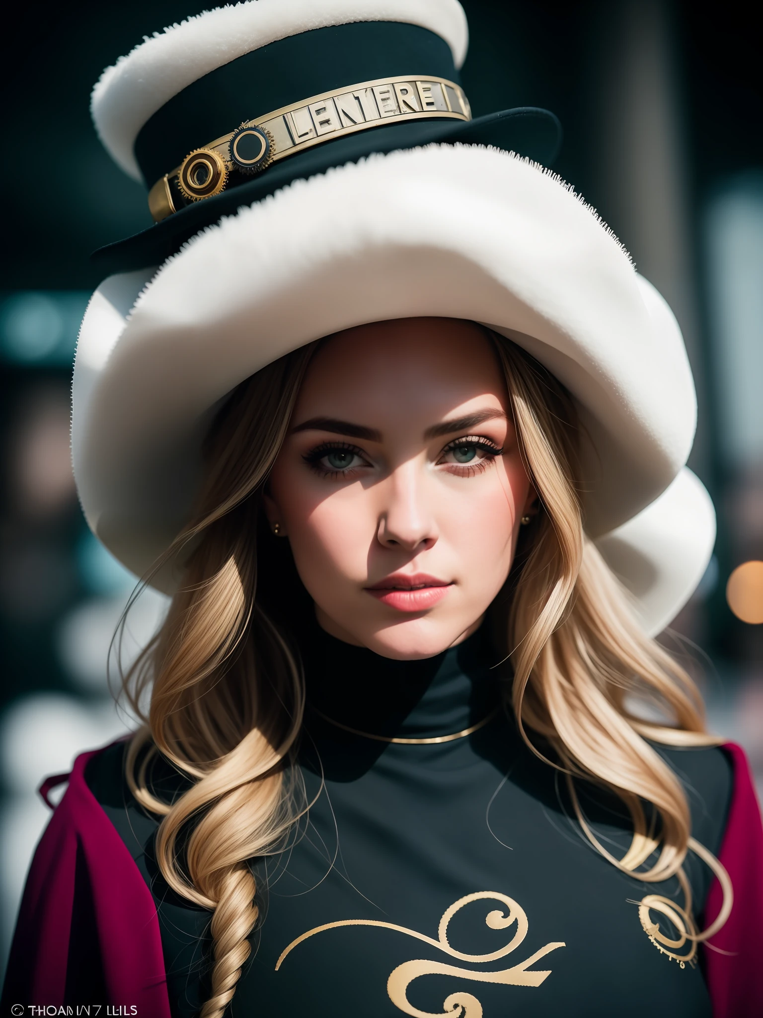 blond woman wearing a hat and a black top, shot on leica sl2, portrait of a steampunk ice lady, closeup photo at nyc comicon, shot on canon eos r5, shot on canon eos r 5, closeup portrait shot, shot on sony a 7 iii, stunning closeupheadshot, 50mm portrait, closeup shot, shot on nikon z9