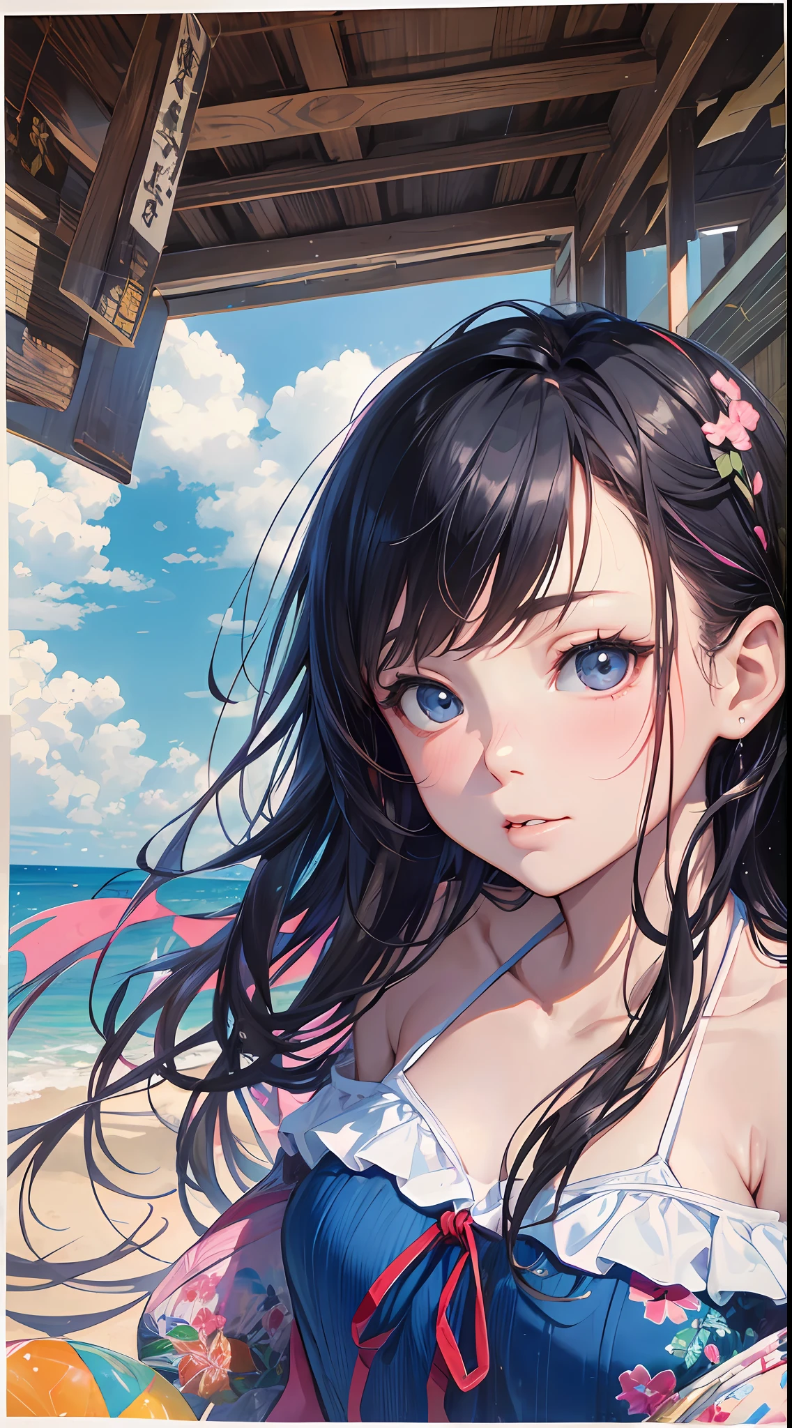 White off-the-shoulder bikini on the beach in Palau(Bikini without shoulder straps、No shoulder straps、Shoulder out)Surreal portrait of a schoolgirl in Japan, Inspired by the technique of Antonio López, Chuck Close, Ron Mueck, Richard Estes, and Marilyn Minter.