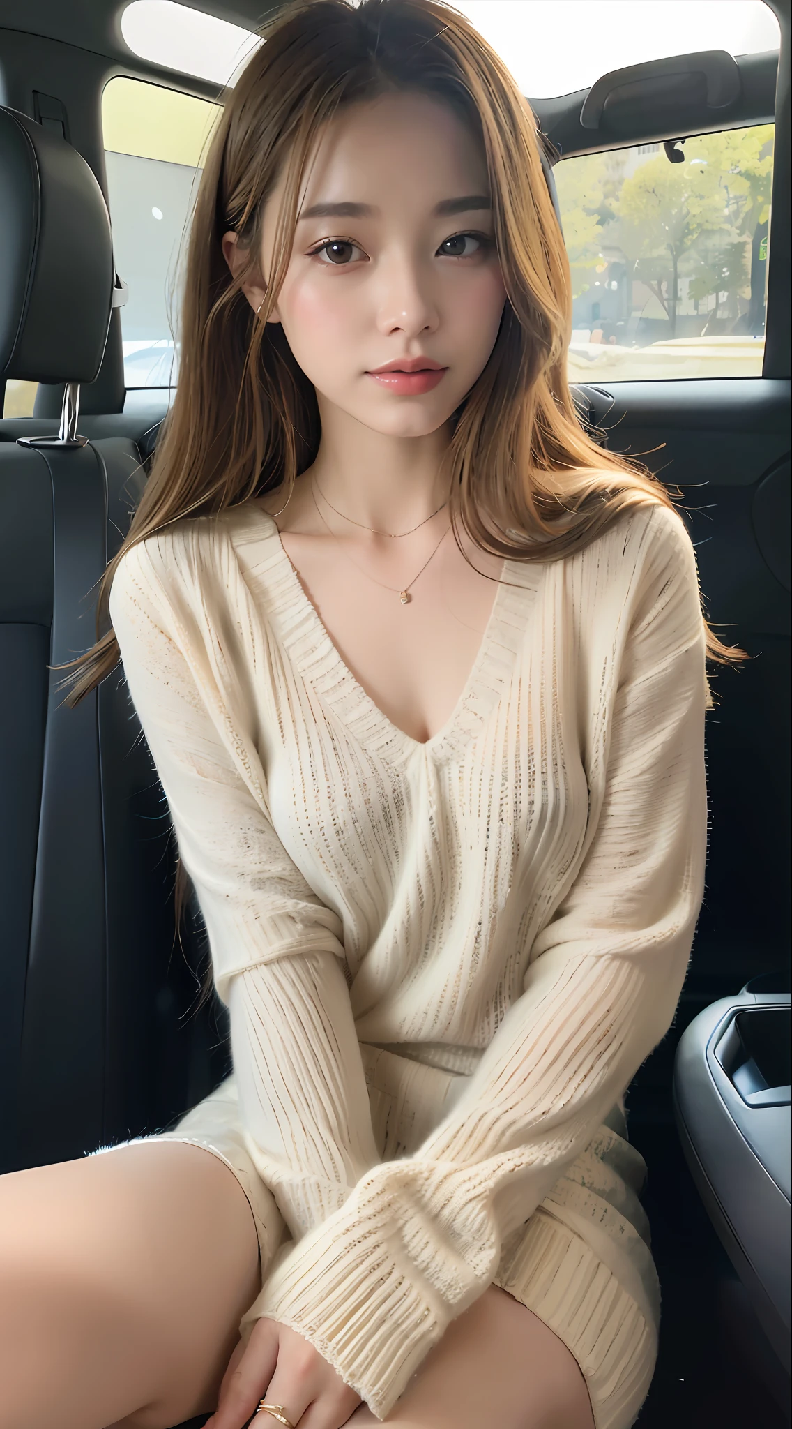 Close-up of a woman sitting in a car in a sweater, Open V chest clothes, Choi Hyun-hwa, wearing v - neck top, Wearing wheat yellow gauze, 1 8 I, low cut top, ( ivory black ), hair floating covering chest, 4K], 4 k'' ], Ivory pale skin, wide neck, delicate soft hazy lighting