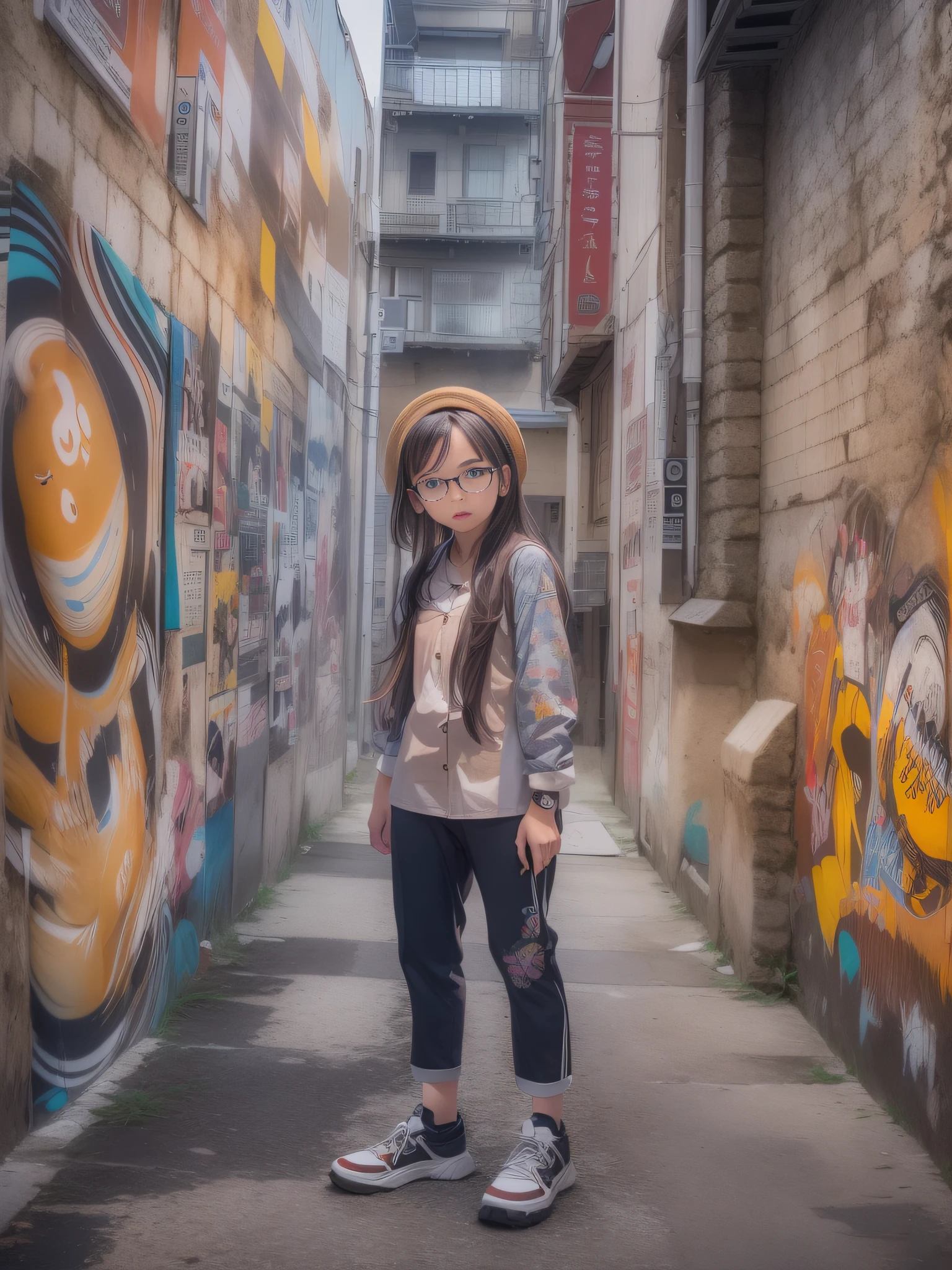 Vivid and beautiful murals by street art:2、Create a piece with an urban feel:1.4、With a powerful work that makes you feel free expression、Incorporate spray art and graffiti elements。Cityscape surrounded by colorful walls、Drawing a landscape of a schoolgirl、3 girls in different poses、Japanese high school girl、Wearing uniforms,eye glasses,small tits、Wide Shot, Anatomically correct, Textured skin, awardwinning、Street Art Background、wide angles, 35 mm, canon、Contemporary art、