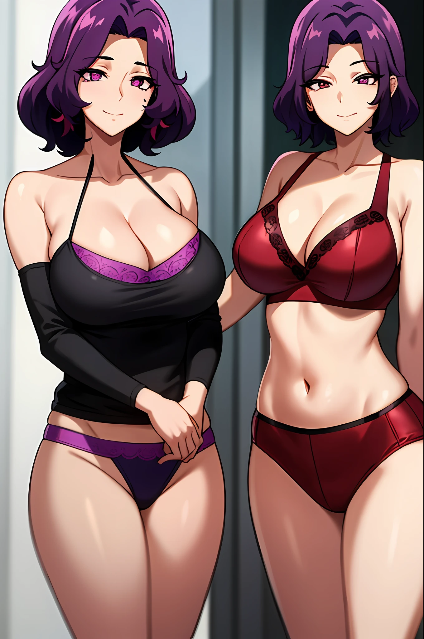 best qualityer，（tmasterpiece：1.2），highly  detailed，sitted，Mature woman，
1girll， 独奏， hamaoka azusa，
looking at viewert，ssmile，，
Purple eye，Purple colored hair，short detailed hair，green-shirt，Red bra strap，Full buttocks，plumw，big breasts body