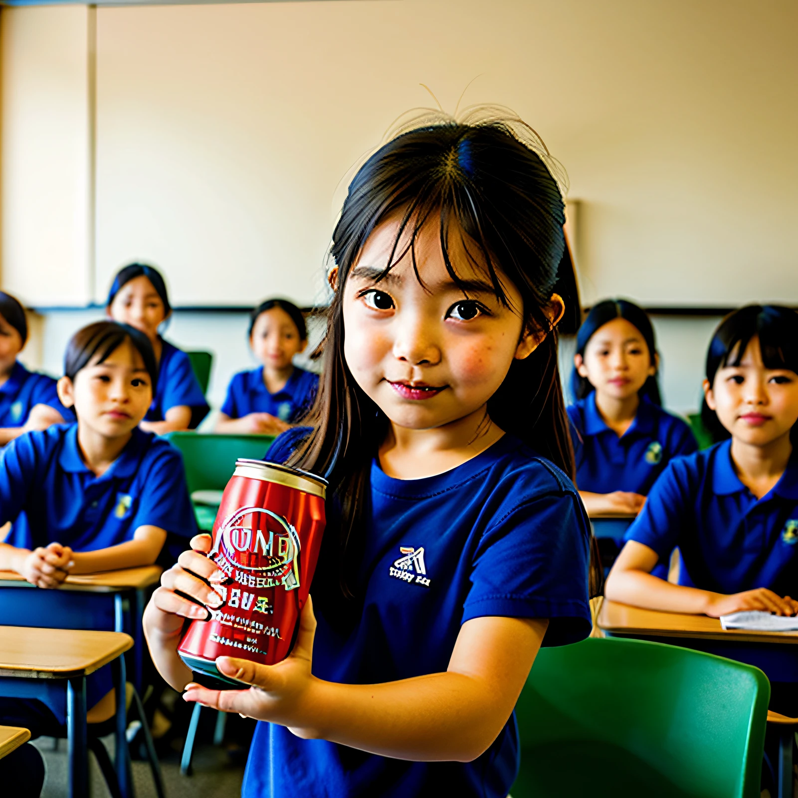 1 young girl standing in class,Holding a can of soda, author:Naondo Nakamura, children's, author:Tadashi Nakayama, author:Kiyoshi Yamashita, shot on nikon z9, Children, Shot on Sony A 7 III, Shot on Canon EOS R 6, author:Yokoyama Grand View, jaeyeon nam, ji-min, advertising photograph
