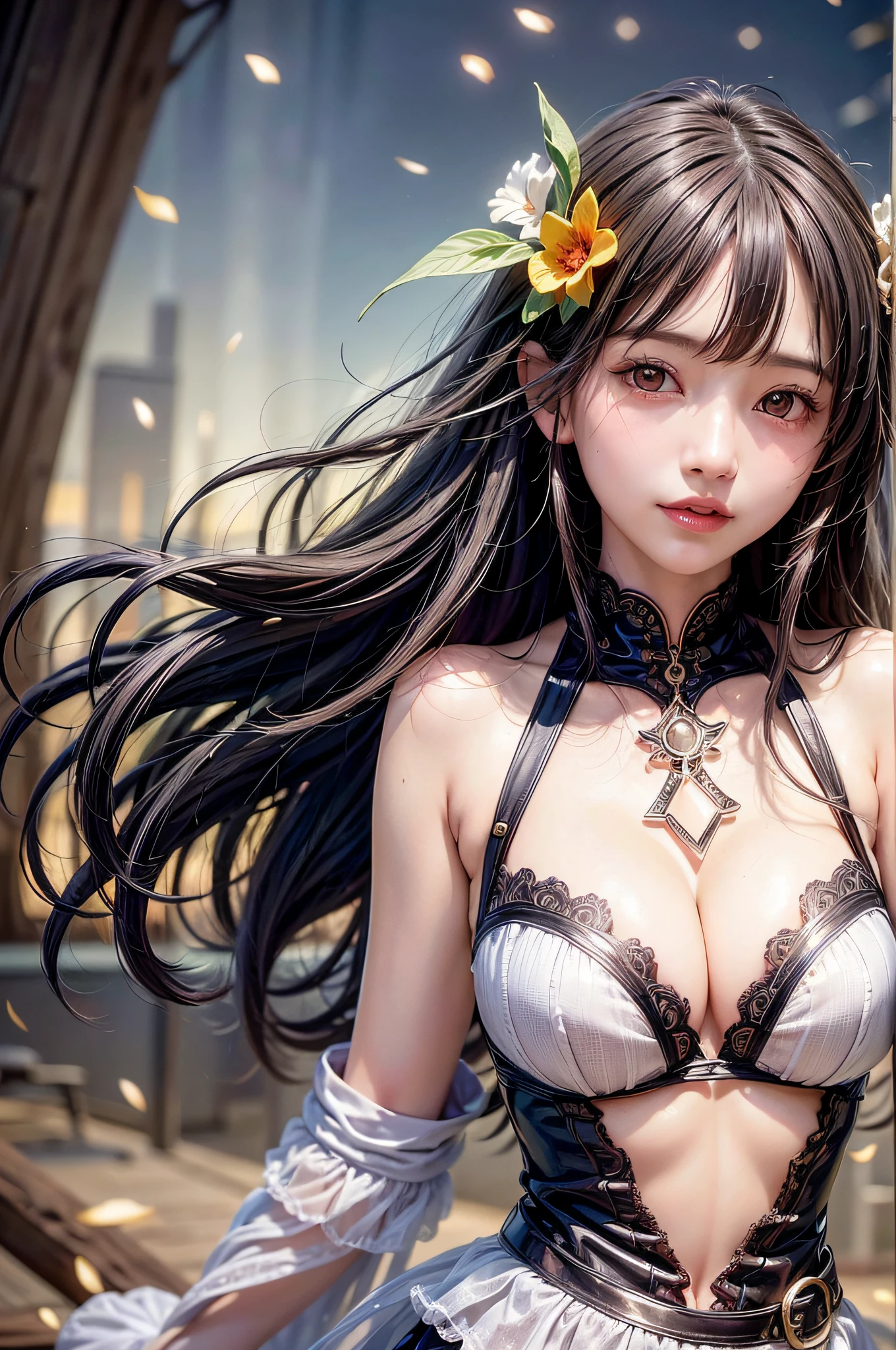 Highest quality, highest image quality, raw photos, realistic, photo-realistic, ultra-detailed and beautiful, Highest detailed,
ung girl, good-looking, beautiful fair skin and glossy, beautiful Eyes are big and bright, Small mouth and thin lips, long black hair blowing in the wind, Good style and slender, (beautiful big breasts:1.3), She has a bright personality and a cute smile, (A fantasy See-through costume with cute details and an open chest wide:1.3), cute girl portrait, A beautiful girl illuminated by seven colors of light, Rainbow-colored,