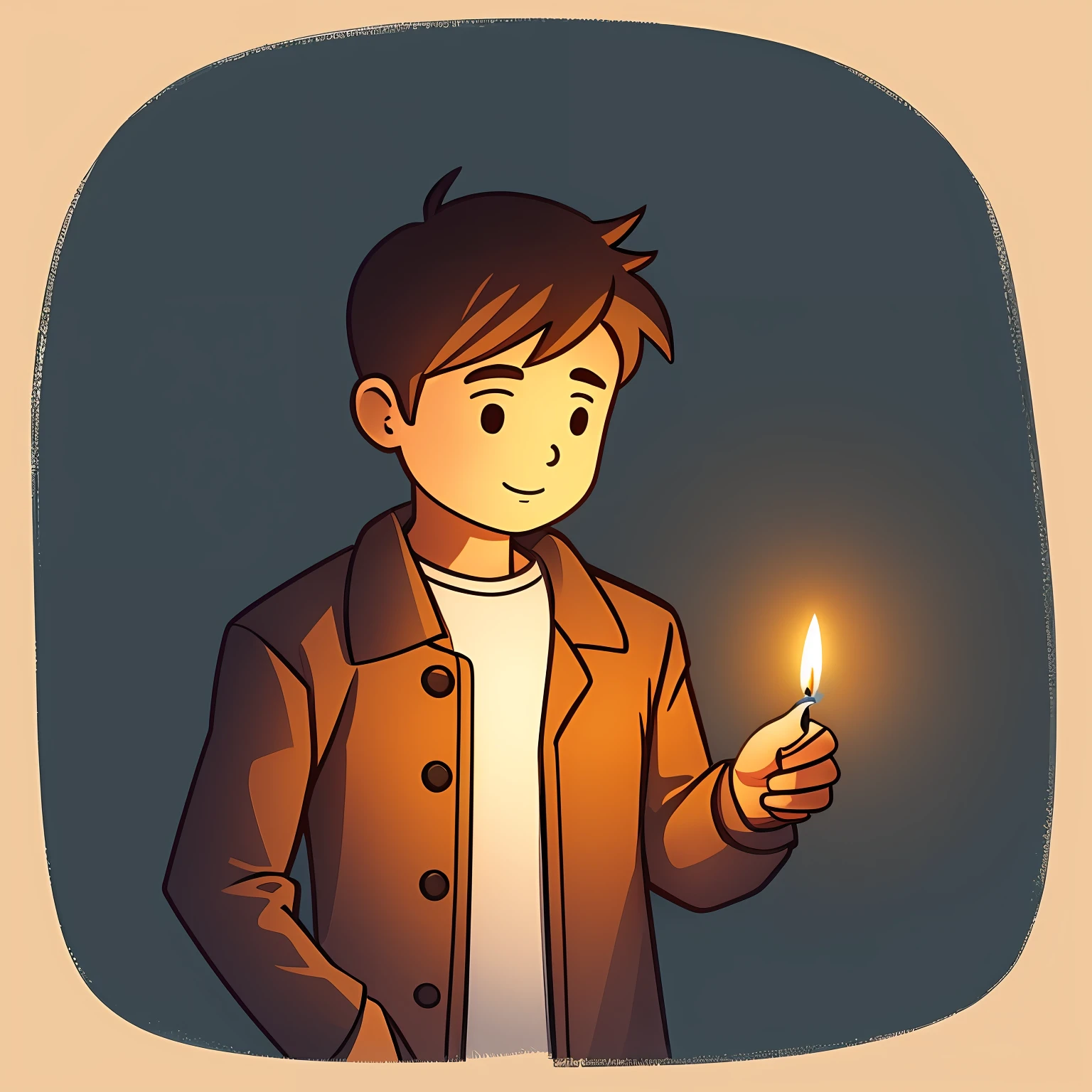 Illustration: cute man holding a candle in his left hand and covering the surrounding darkness by shimmering light with his right hand --auto