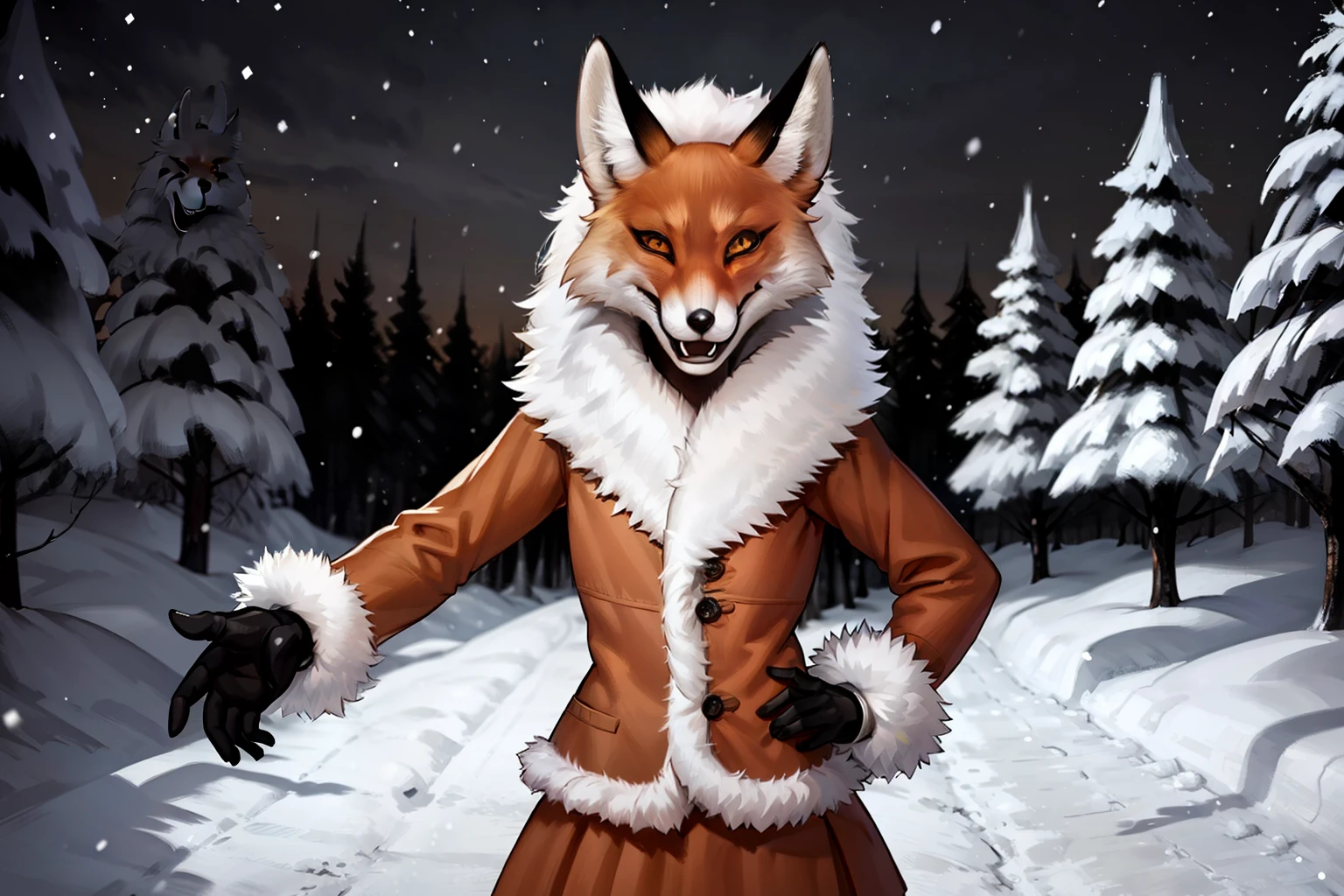 (tmasterpiece), 4k resolution, Monochrome, A highly detailed, portraite of a, (hiquality), HDR, 独奏, 1 animal, red fox, 25 years, ((Adult woman)), ((muscular)), pectoral muscles, 独奏, (Furry), ((furry female)), Animal nose, (Fox muzzle), A detailed eye, detailized face, yellow eyes, animal ears, Fox Girl, orange furr, Fox ears, The animal's ear is fluffy, Foxtail, Body fur, open mouth, ((Evil grin)), fangs, (Winter Top), (Winter short skirt ), fur collar, fur-trim, gloves, black gloves, looking a viewer, object \(The Great Red Moon\), Snow-covered forest in the background, night sky, night time, snowing, Standing, Arms outstretched forward, (upper-body), very extremely beautiful