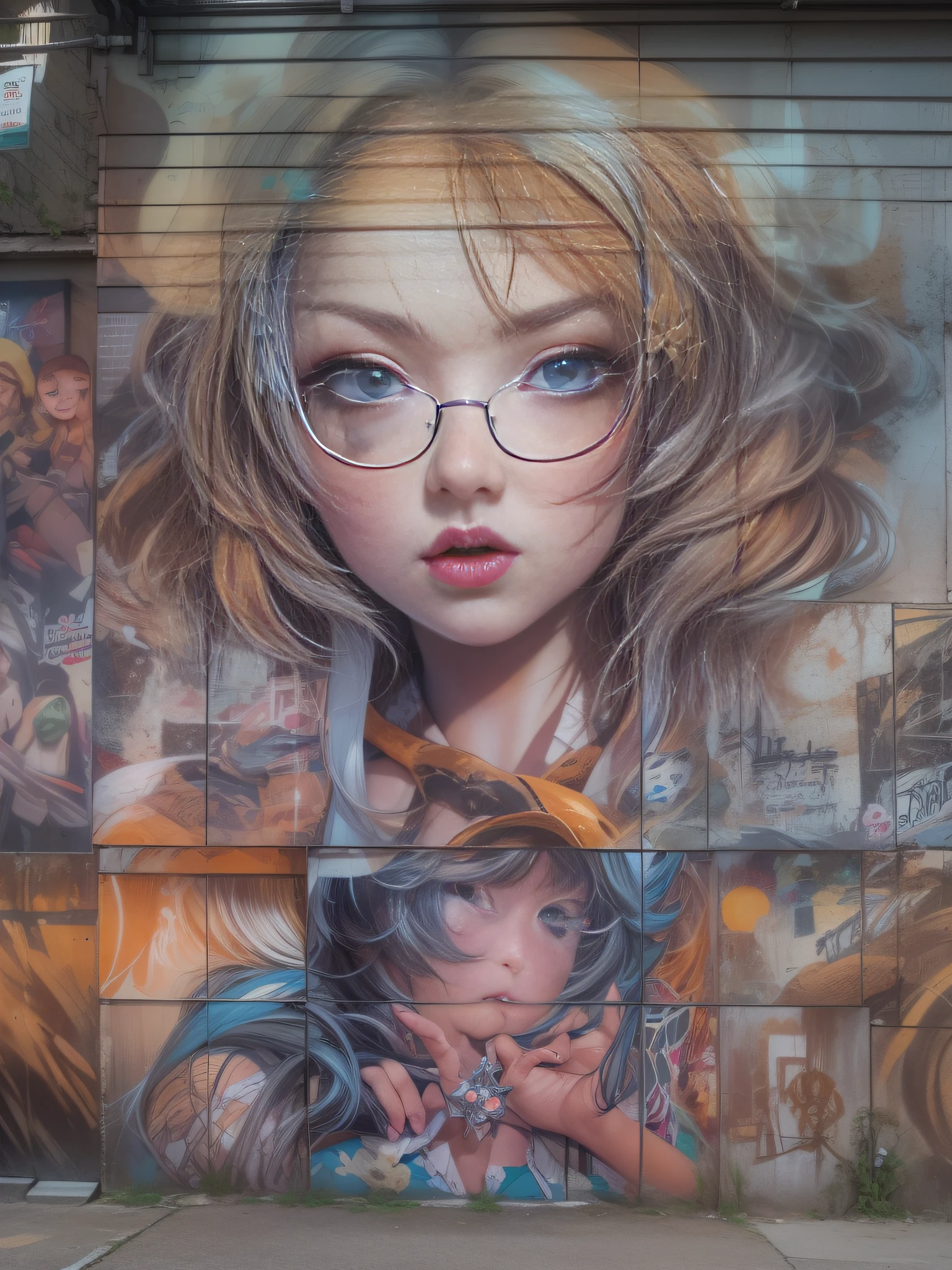 Vivid and beautiful murals by street art:2、Create a piece with an urban feel:1.4、With a powerful work that makes you feel free expression、Incorporate spray art and graffiti elements。Cityscape surrounded by colorful walls、Drawing a landscape of a schoolgirl、3 girls in different poses、Japanese high school girl、Wearing uniforms,eye glasses,small tits、Wide Shot, Anatomically correct, Textured skin, awardwinning、Street Art Background、wide angles, 35 mm, canon、Contemporary art、