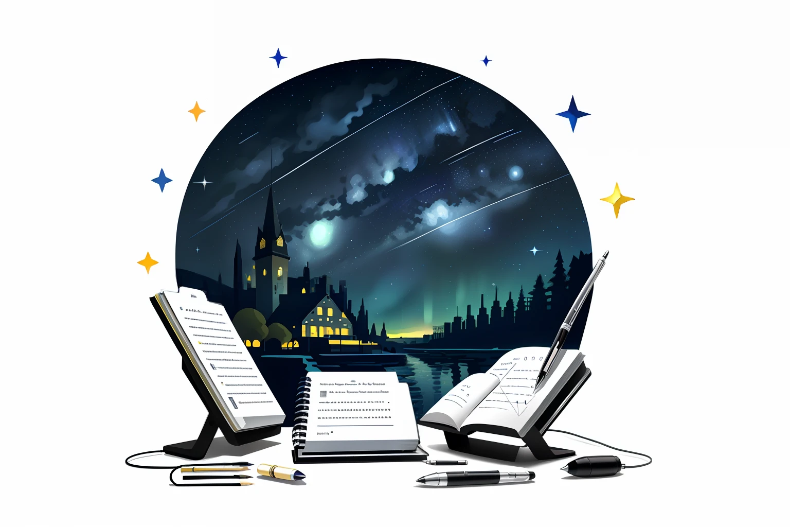 a starry night design clipart of an old pen on pen stand, use this color #9951FB, high quality, UHD, luminous studio graphics engine, white background.