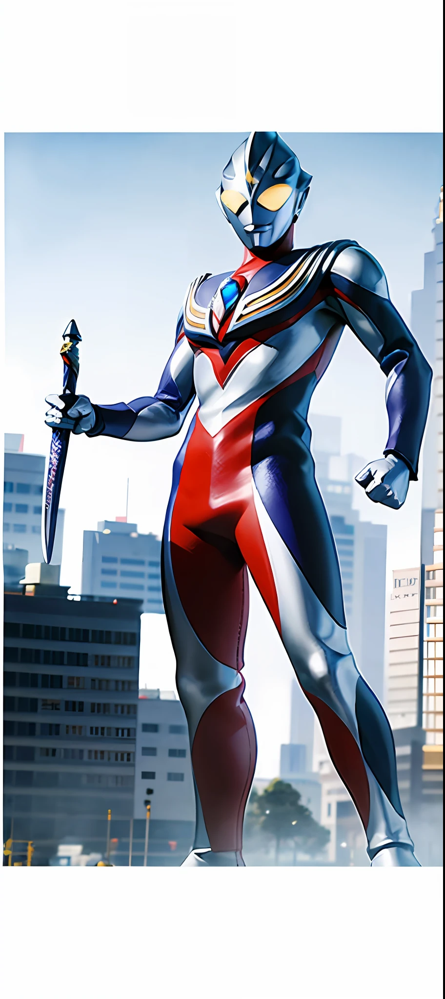 A close-up of a person in a suit with a sword, an epic anime of a energy man, High fantasy Ultraman, Ultraman, Ultraman characters, s Ultraman, Tokusatsu, covered in full silver armor, anime robots, fourze, trigger anime artstyle, cyber japan armor, kamen rider action pose, SSSS.s Ultraman, offcial art