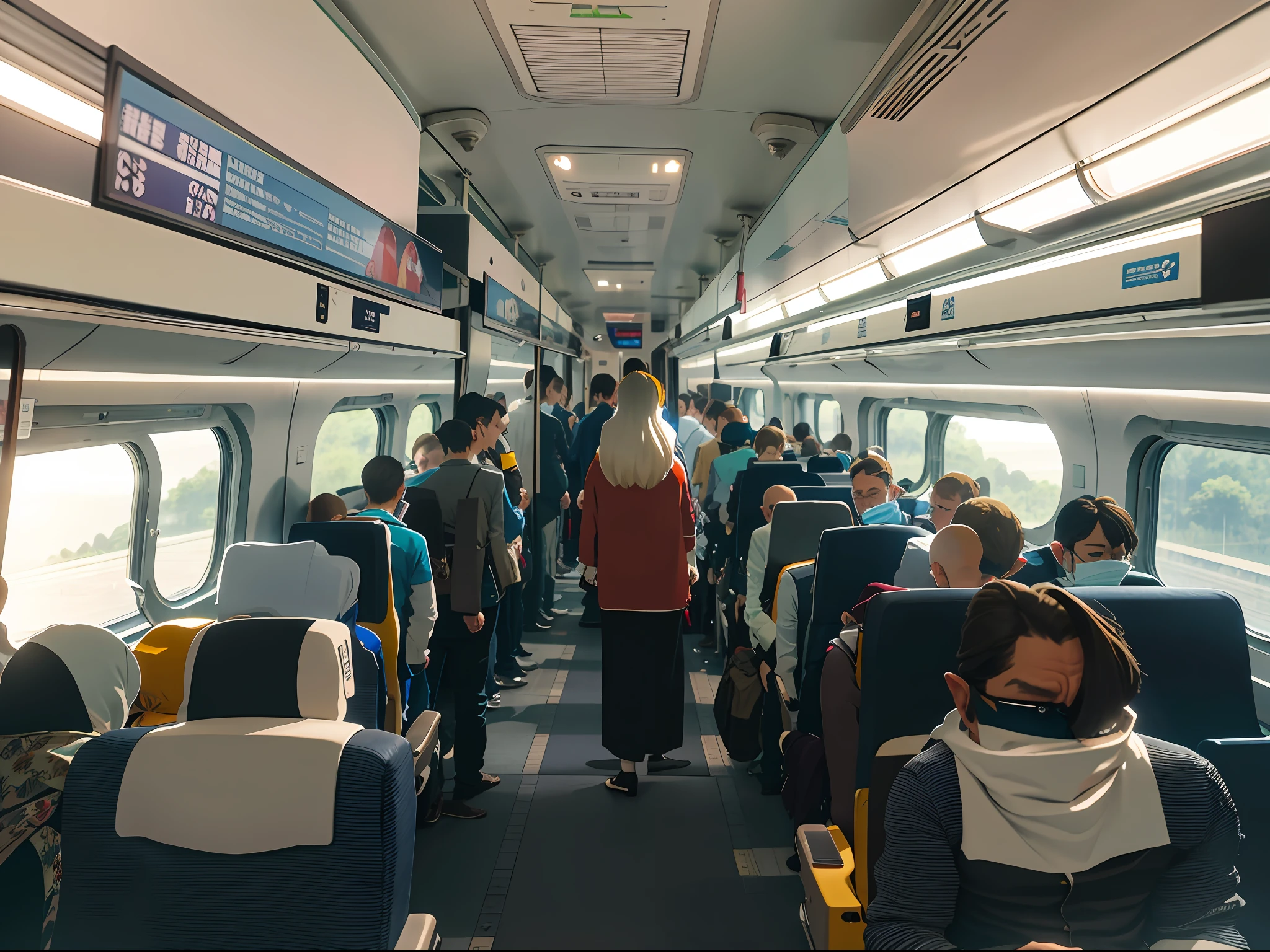 Alavid view of the train，People sit in their seats，Inside the train, jr sc maglev, bullet train, Train, high speed train, japan rural travel, interiors,  Inside the train, supersonic trains and passengers, with many travelers, Sitting on the train，Back of the seat，