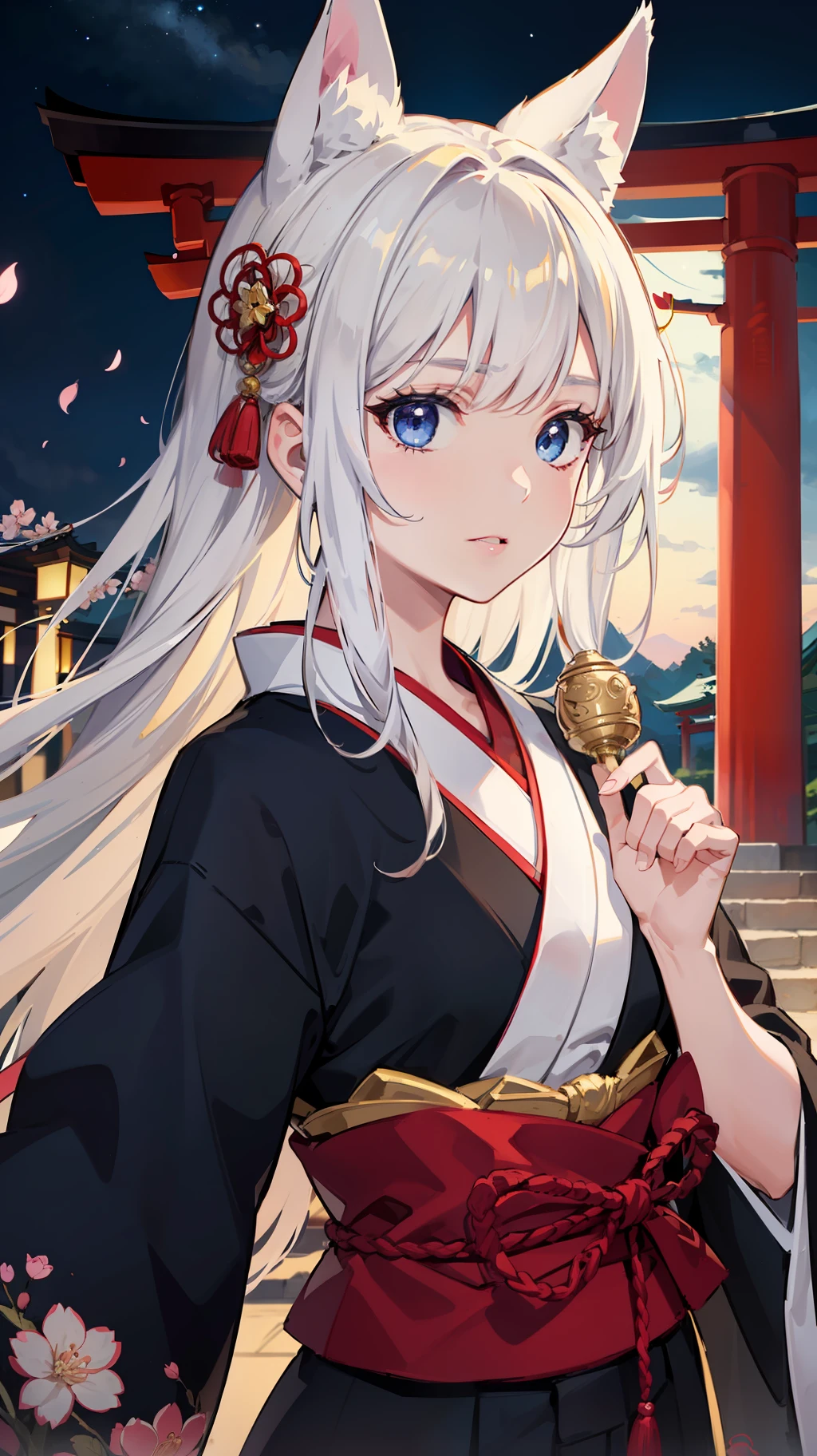 (absurdres, highres, ultra detailed), close-up of face, emphasis on face, focus on face, one woman, mature woman, aged, long straight hair, shiny beautiful hair, blue eyes, bangs, long sleeves, finely drawn eyes and detailed face, eye highlights, hands without breaks, rich lighting, pale pink lips, highly detailed CG unified 8K wallpaper, intricate details, portrait, gazing, solo, half shot, finely drawn face, soft smile, dynamic pose, classical period, (Ancient Japanese Subject: 1.1), Japanese mythology, fox ears, Japanese Ruler, Blue Kimono, Floral Kimono, Ancient Themes, (Prosperous Civilization: 1.1), Moon in background, (Immaculate: 1.1) Shrine, Torii, Japanese landscape, Ancient city in background, Fox mask, Fantastic, Dreamy, Romantic, Light dancing, Lantern, Austere, Night, Darkness, Stars, Portrait, Cinematic lighting, Flower hair ornament, Dating, cherry blossom.