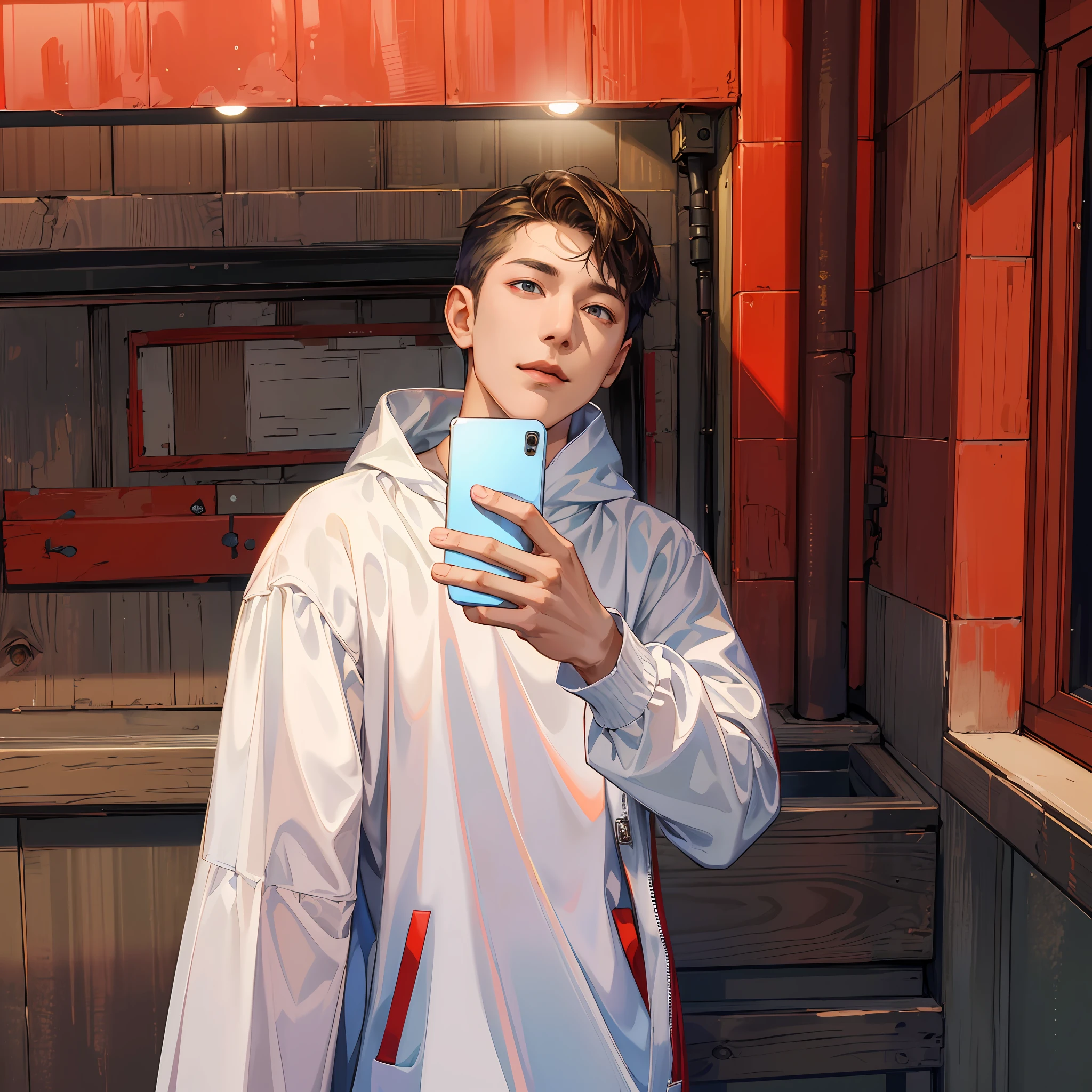 (absurdres, highres, ultra detailed, HDR), masterpiece, best quality, 1boy, handsome, short hair, finely eye and detailed face, (white t-shirt), (red jacket), dimple, night street, night city, midnight, selfie shot, light smile