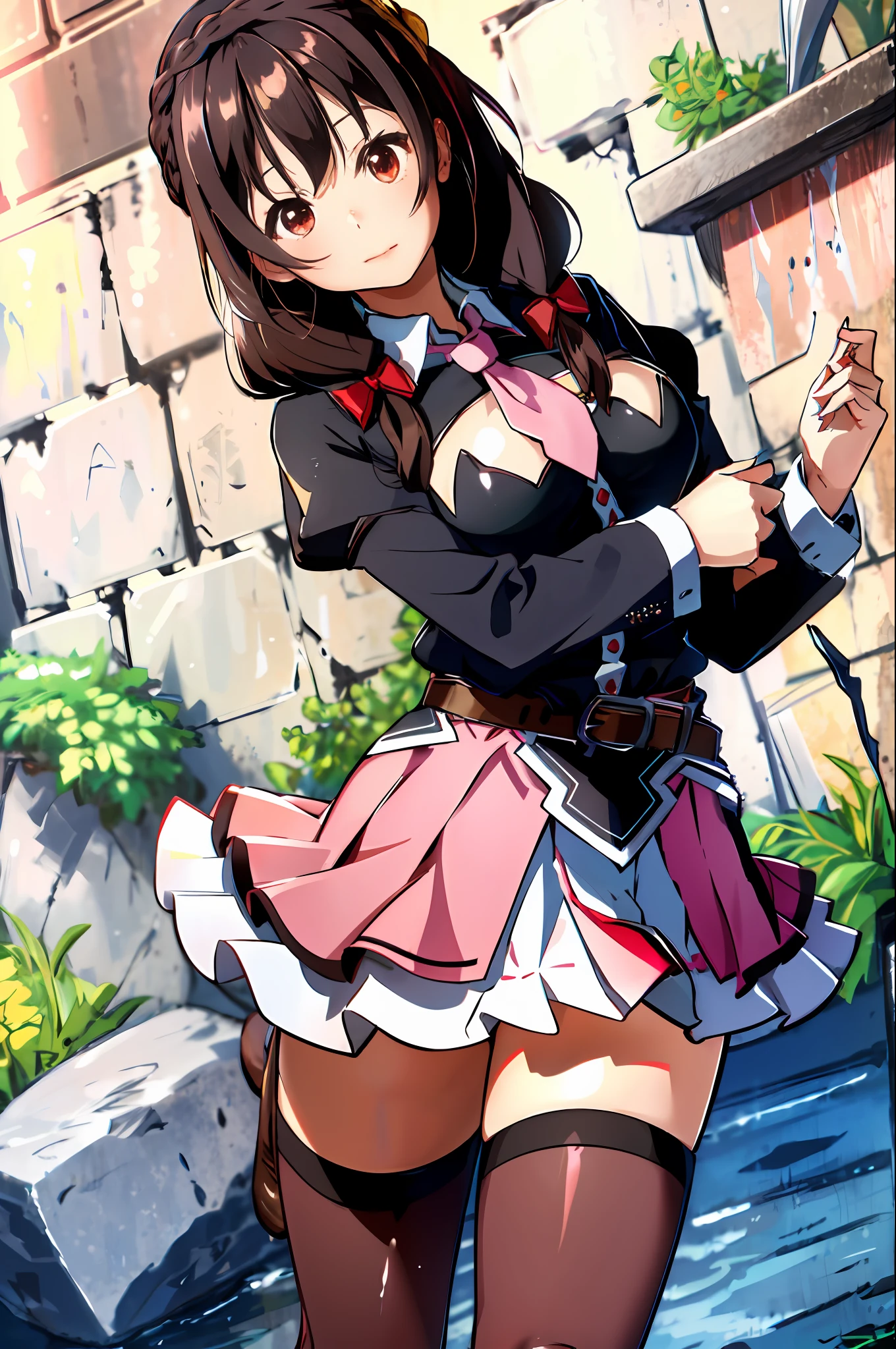 masterpiece, best quality, highres, yunyun1, 1girl, red eyes, solo, thighhighs, necktie, skirt, braid, long hair, pink necktie, large breasts, belt, hair ornament, black hair, hair bow, crown braid, long sleeves, brown hair, twintails, cowboy shot,