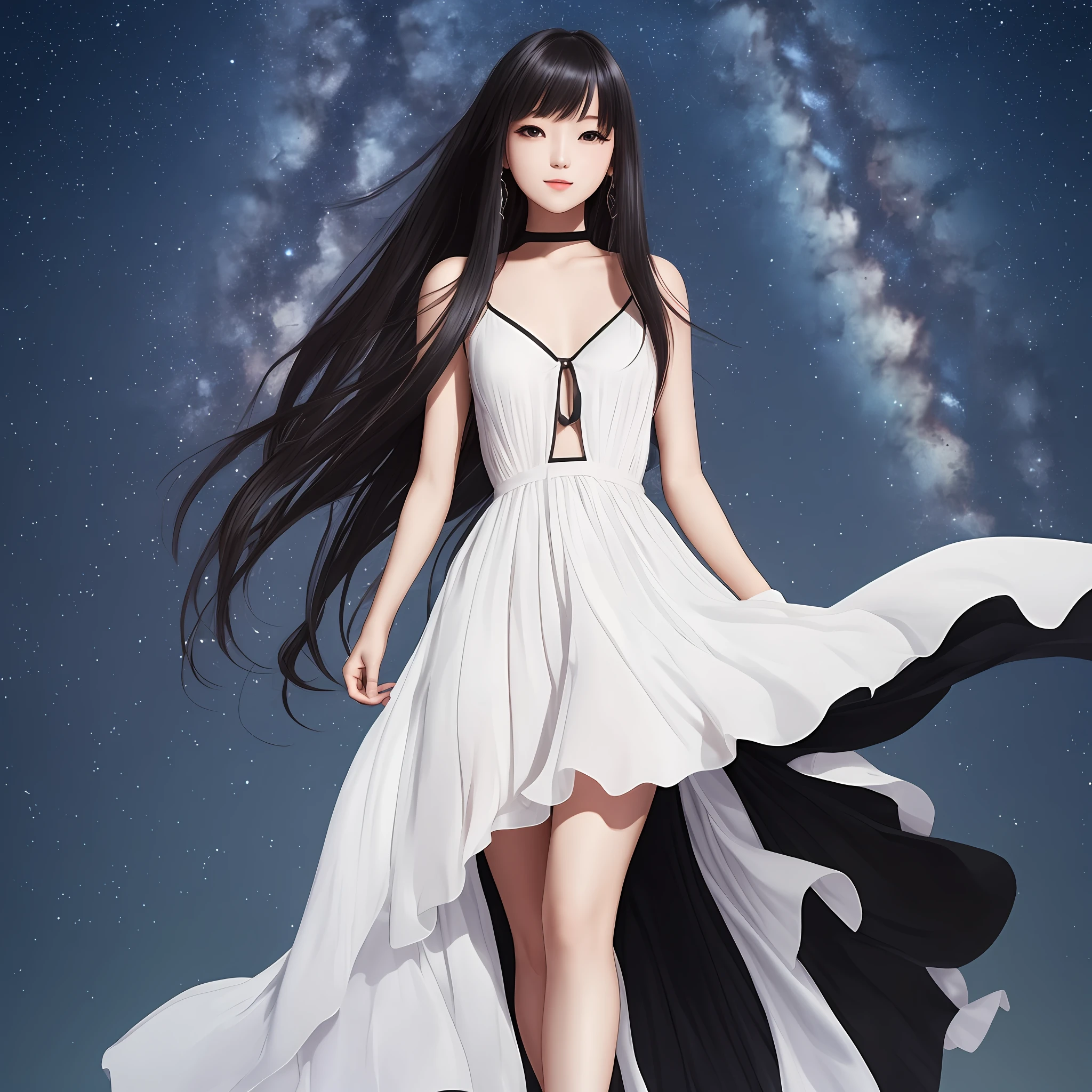 A beautiful girl with a long black straight that is as deep and charming as the starry sky,Cool temperament,Petite figure,Charming。 --auto