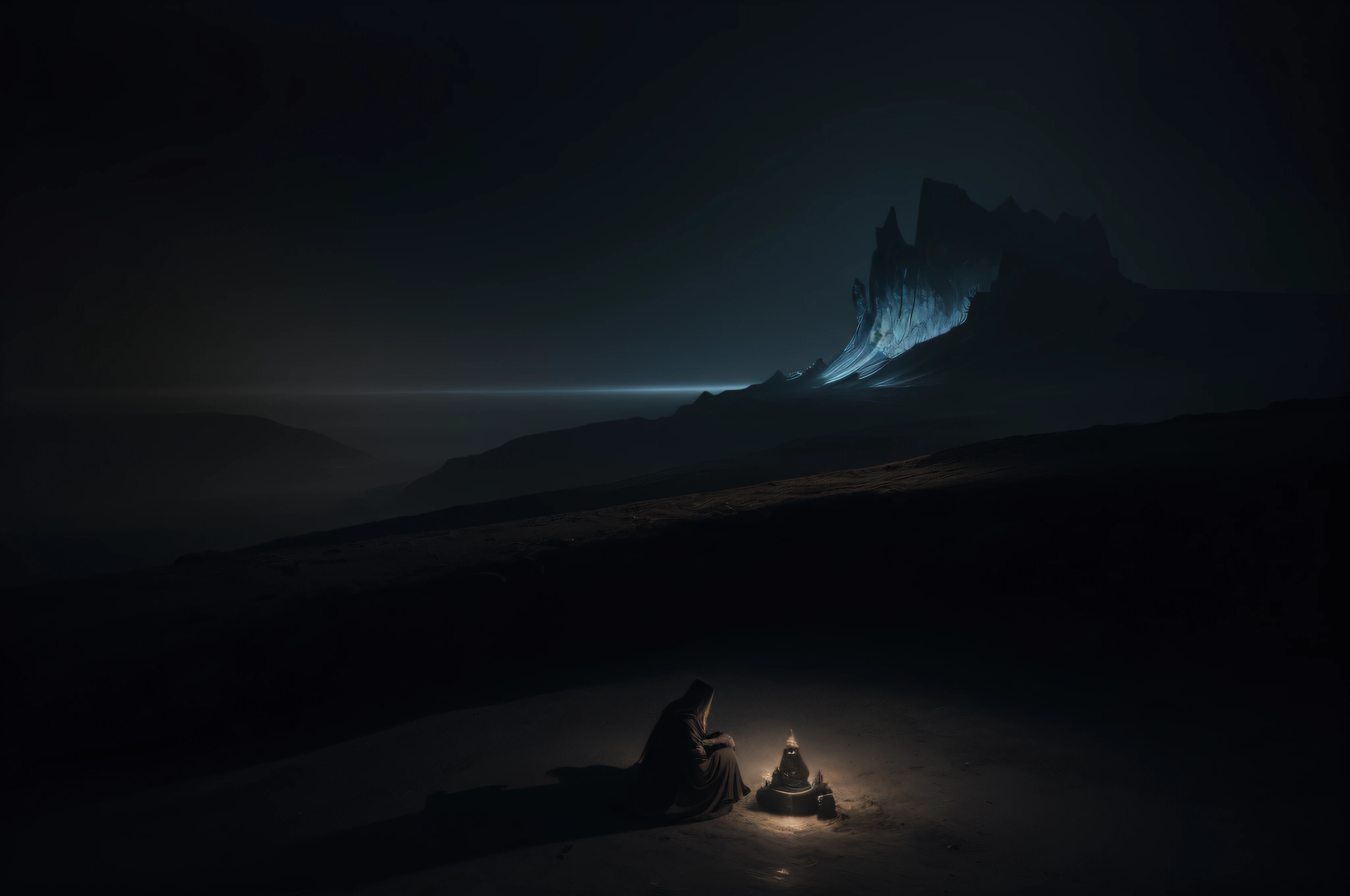 dystopian,Zdzisław Beksiński style,Wide shot, From above, Ultra-wide angle, Empty,(Pluto surface:1.4),Black mist,hilltop,People sitting on the top of the mountain,femele,Black skull mask,black toga,Long hair,up-close,Below is a black desert,Black sand,the night,Pale daylight,Lateral face,dry river bed,A high resolution,ultra - detailed,textures true to reality,Bold textures,Crazy textures,Grading lights,Close-up,Close-up of people,Bright ground