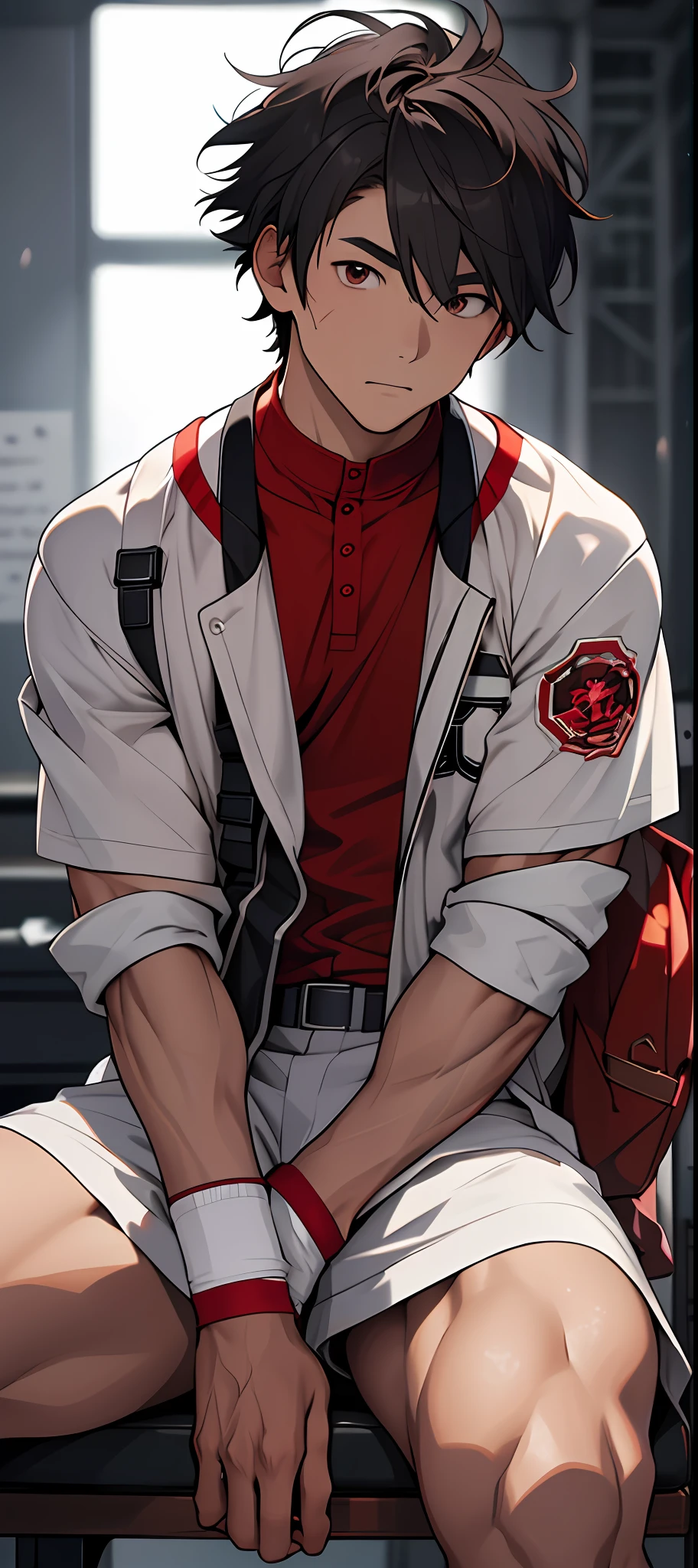 (Masterpiece, Best quality), 1人, musculous, short detailed hair, with brown eye, 复杂, (dress room), full bodyesbian, White baseball uniform, Open dark gray jacket, vivd colour,(depth of fields:1.2),(Abs),Be red in the face,looking at viewert,A piano,spread their legs,
