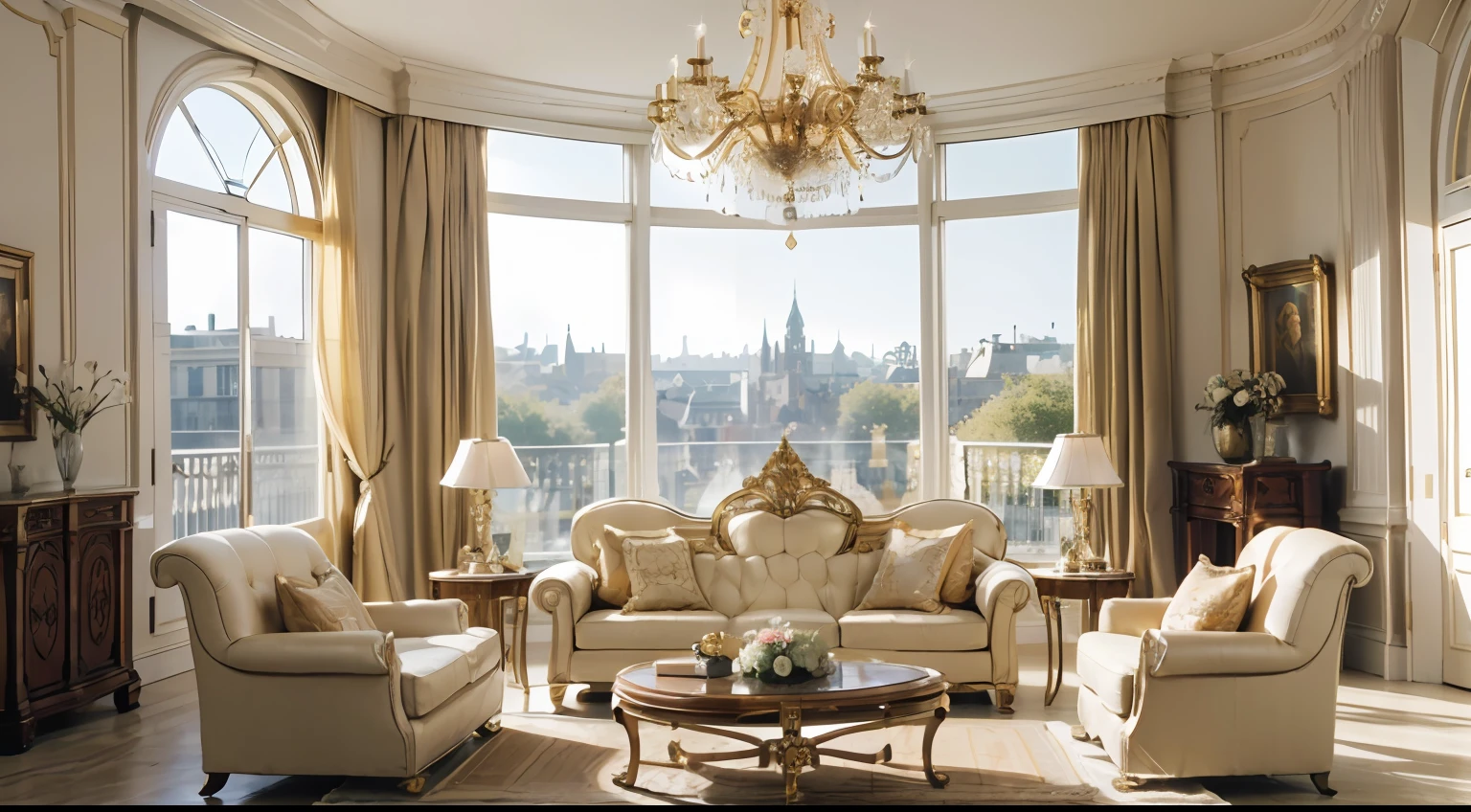 (A light and elegant living room with beige as the main color, Complemented by champagne gold decorative elements. Large, Bright windows let sunlight flood the room, The crystal chandelier shines with a charming brilliance in the light. The sofa is made of soft and delicate fabric, Match metal furniture and carved decorations, Create a noble atmosphere, Elegant and comfortable. Shot by Alex Webb using a Leica M10 with a 28mm lens, Lighting is when natural light flows in through large windows，Create a sense of ventilation --V 5 --Q 2