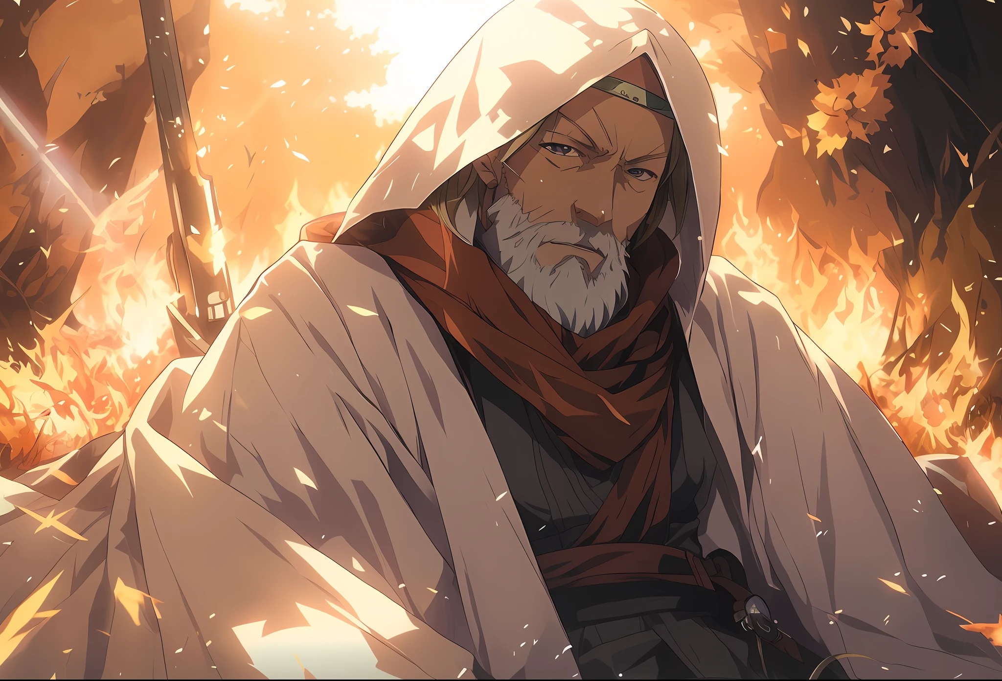 Anime characters sitting on grass,The background is fire, hide the pain harold, old jedi master, Walter White is in《attack on titans》Curly, Alphonse mucha and rossdraws, Guilty Gear strives to splash art, portrait of hide the pain harold, makoto sinkai, From Arknights, saints ( valorant ), old male archmage, mushoku tensei