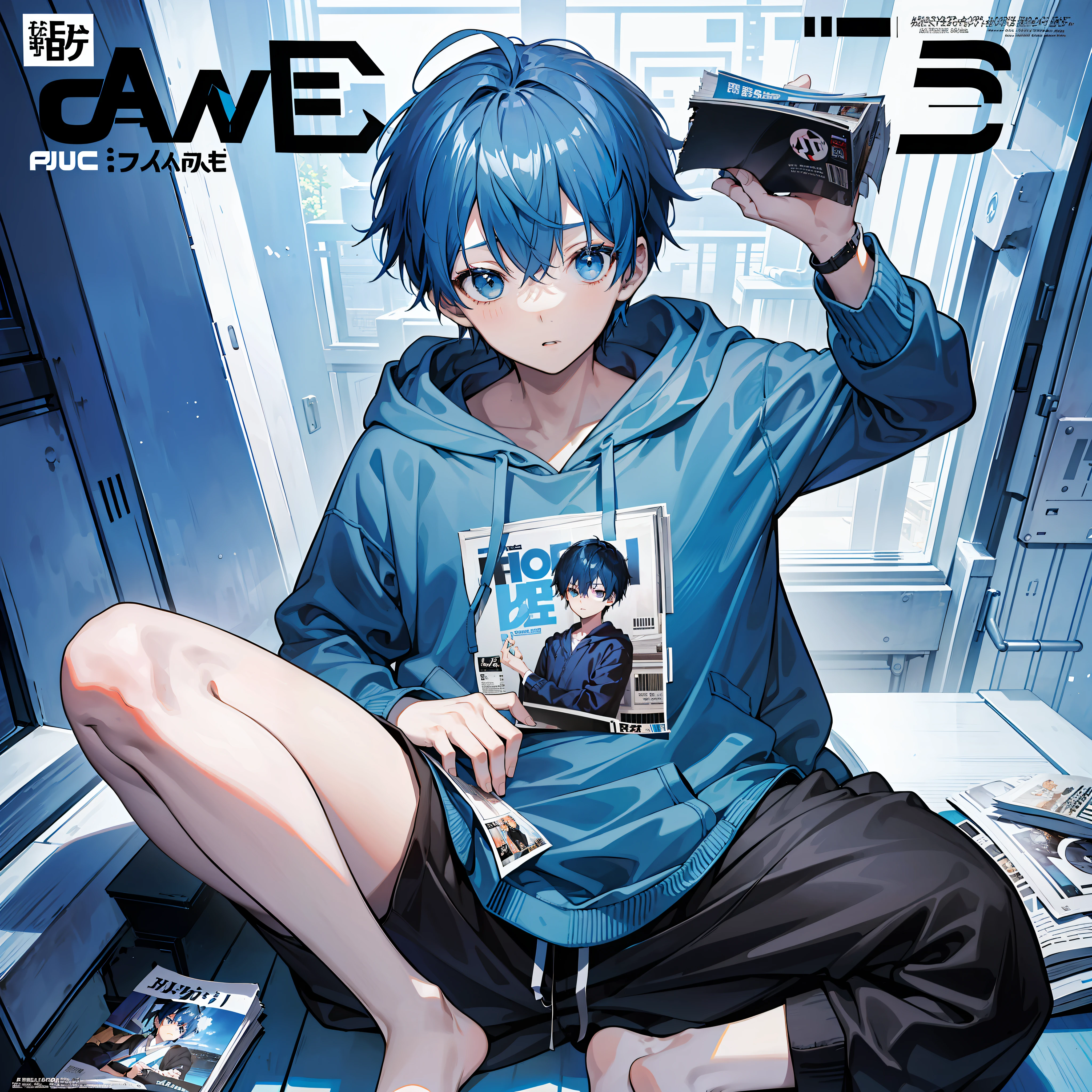 masterpiece, best quality, full body, (1boy), (blue hoodie), (Boy Messy Japanese Round Haircut for Thick Hair), (blue hair), black shorts, (solo), (magazine:1.3), (cover-style:1.3), fashionable,