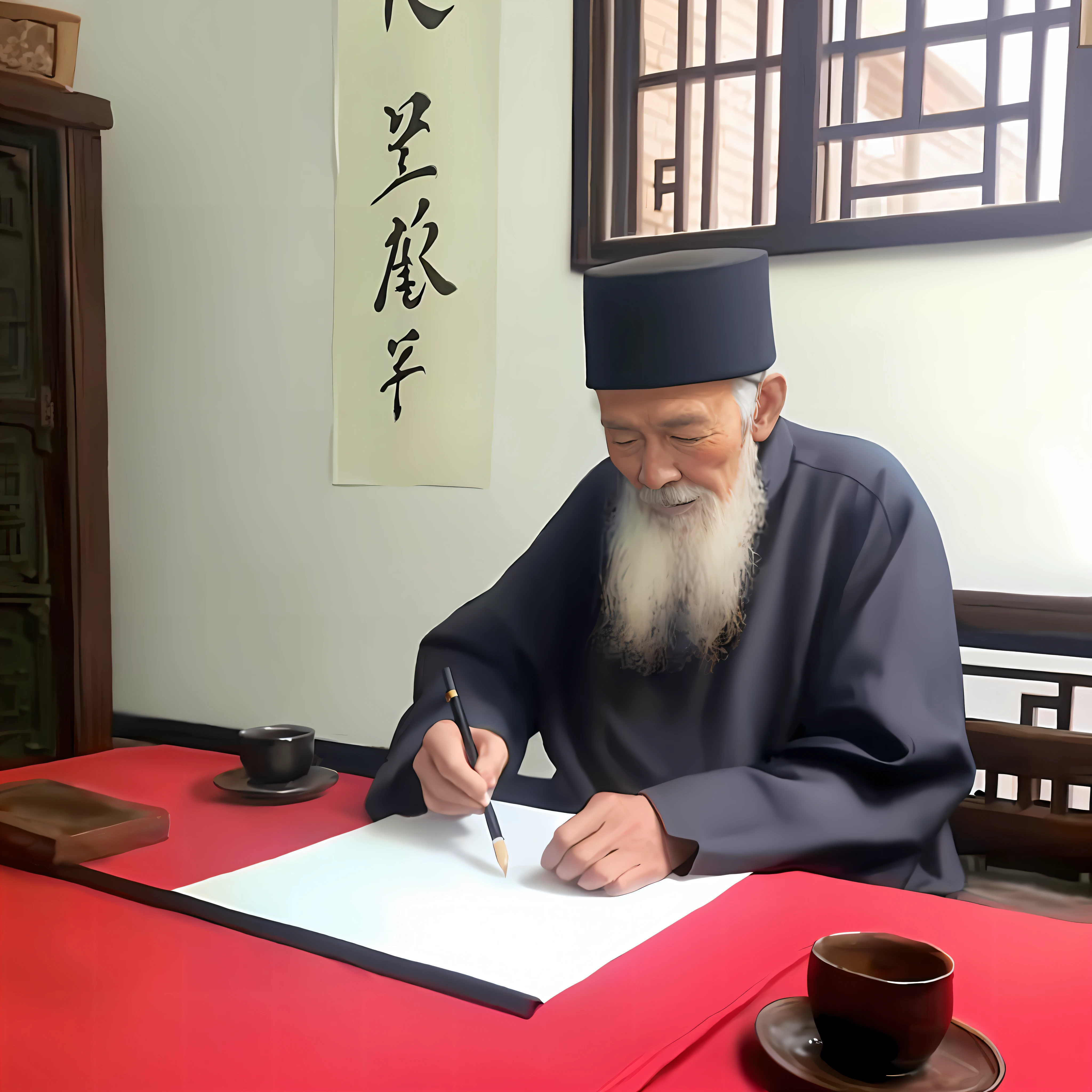 Alphad man in black hat writing on a piece of paper, he is about 8 0 years old, Taoist, Has a white beard,Write with a brush,On the table are several ancient books,inspired by Emperor Huizong of Song, inspired by Wu Daozi, inspired by Li Shixing, inspired by Xuande Emperor, chinese artist, inspired by Zhang Shunzi,