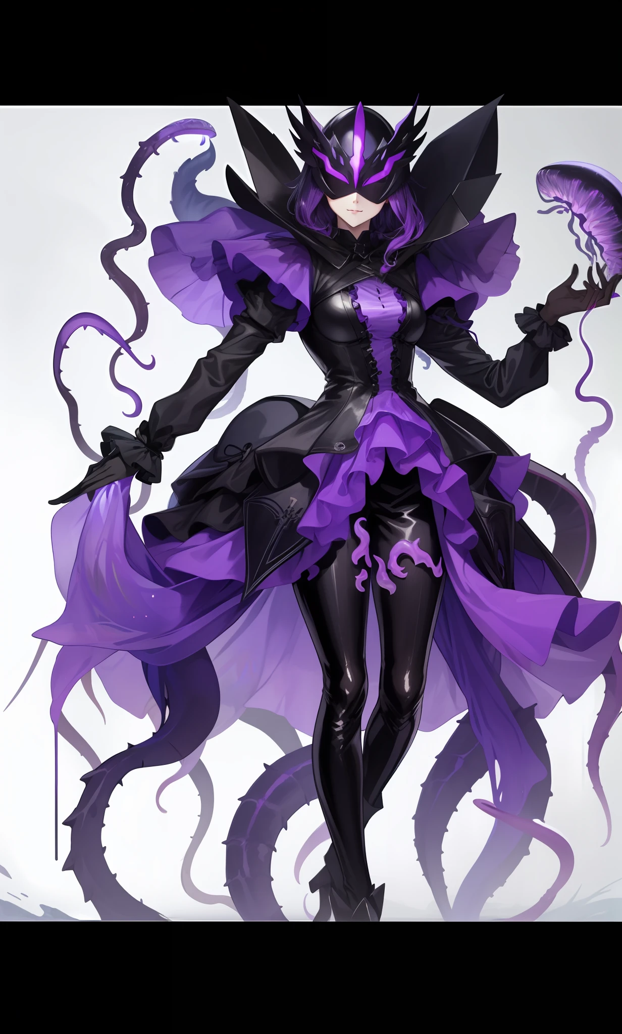 A monster girl dressed in a black and purple bodysuit. she's not showing any skin. she has tentacles translucent dress. Luxurious skirt with frills. Her sleeves are jellyfish. She wears a hood and can't see her face except her mouth. A full face helmet made of jellyfish. her eyes are hidden. Her big mouth is lined with sharp teeth. There is a glowing core in her chest.Overly Long Sleeves. A sleeve made of slime.