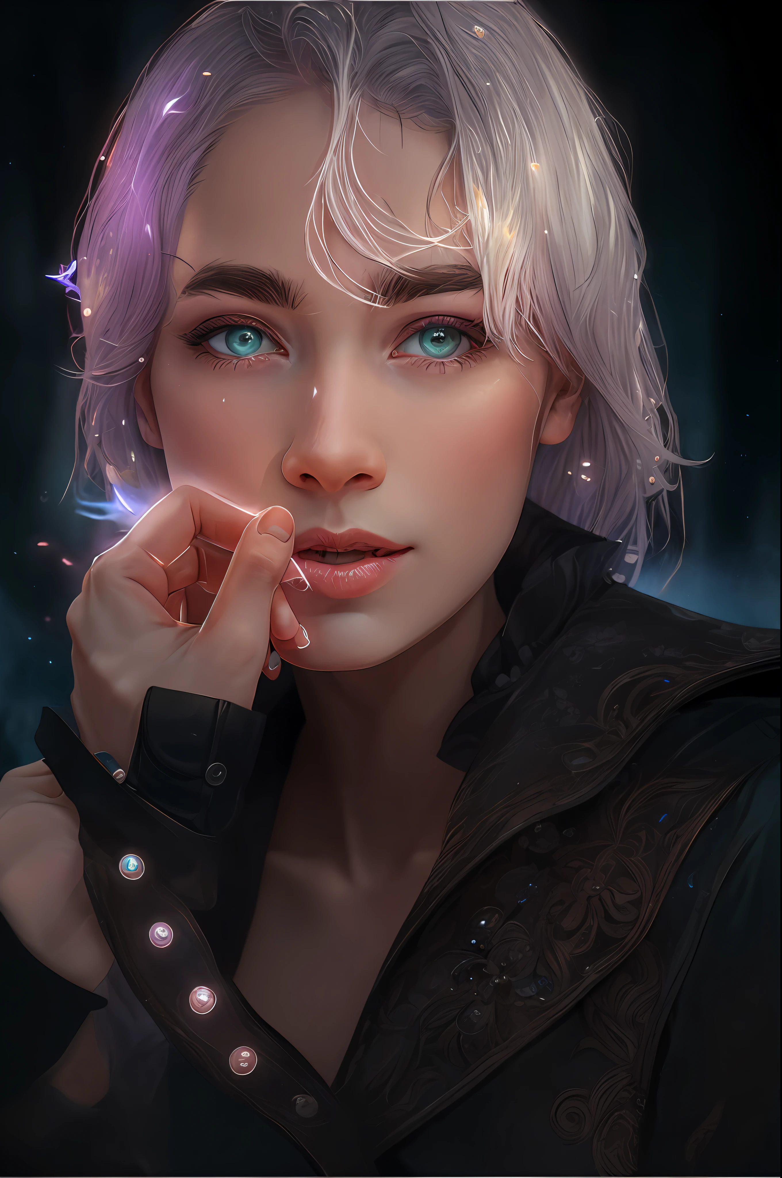 A woman branch of delicate lilac flowers, super transparent, holy light, beautiful spectral light, petals glow, flashing, dark background, drops of transparent light, reflective light, bright, light streaming in, optics, portrait profile, sharp focus, magical, intricate, ultra realistic, fantasy, composition, light, trend on artstation, pearl, patronus cloud of silvery vapor, corrosive enveloping ray family, 8k, ureal ar 23v4 uplight