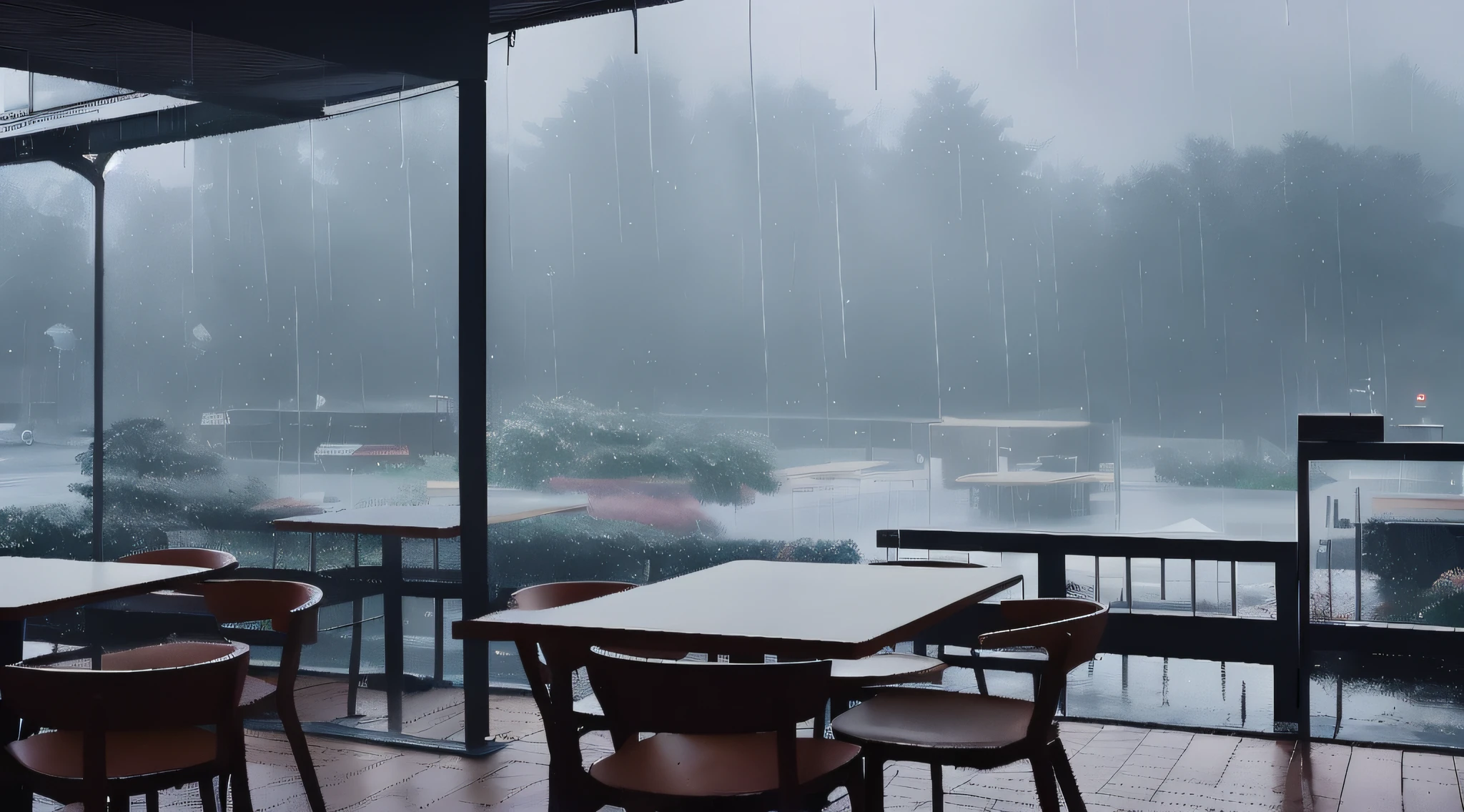 The dining room is equipped with tables and chairs,You can see the rain, raining outside the cafe, rainy outside, It's raining outside, rainy and wet atmosphere, Rainy environment, inside on a rainy day, rainy and gloomy atmosphere, rainy outside, Rainy atmosphere, rainy scene, Rainy days. game render, In a rainy environment, it is raining outside the window, rain falling