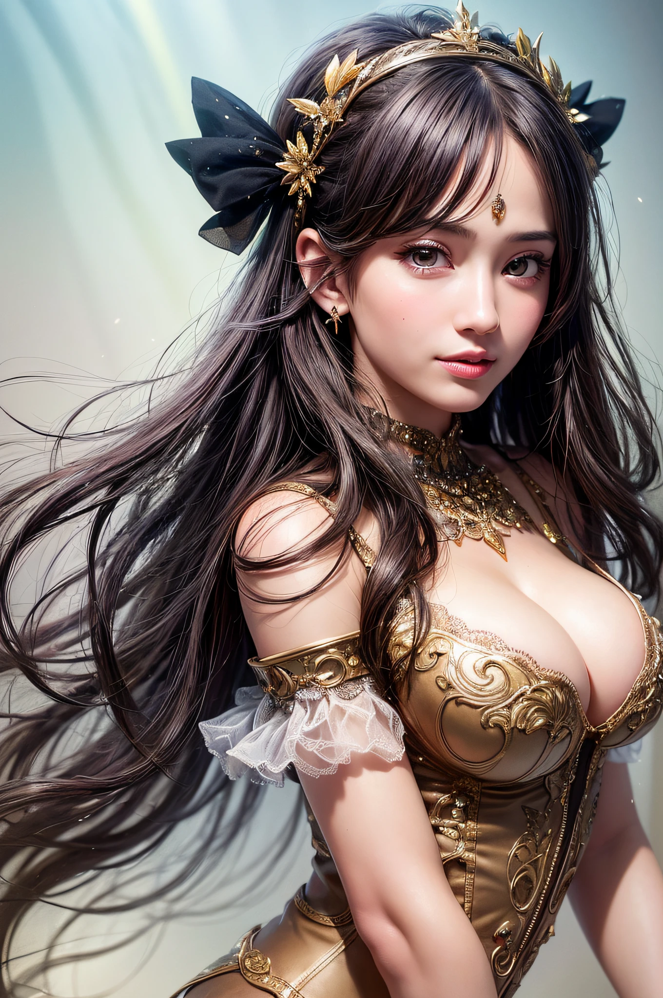 Highest quality, highest image quality, raw photos, realistic, photo-realistic, ultra-detailed and beautiful, Highest detailed, 1young girl, good-looking, beautiful fair skin and glossy, beautiful Eyes are big and bright, Small mouth and thin lips, long black hair blowing in the wind, Good style and slender, (beautiful big breasts:1.3), She has a bright personality and a cute smile, (A fantasy See-through costume with cute details and an open chest wide:1.3), cute girl portrait, A beautiful girl illuminated by seven colors of light, Rainbow-colored,