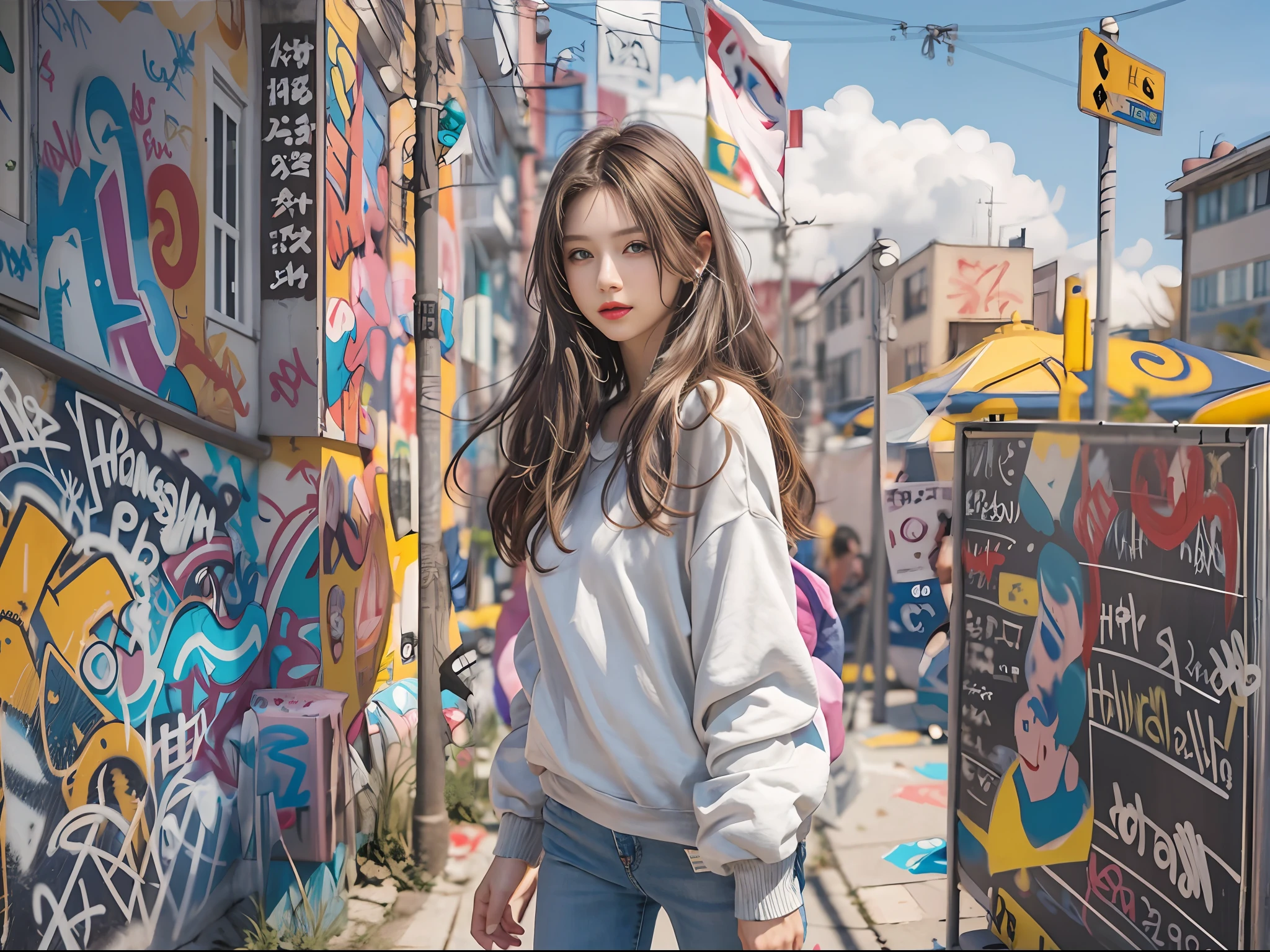 tmasterpiece,hyper HD,high rise,32K,best qualtiy,high detal,textureskin,A young and beautiful woman,Extremely detailed and delicate facial features,Detailed eye details,Rainbow long hair,Sweatshirt,denim short,White board shoes,Outdoor streets,Big graffiti on the wall,Colorful graffiti,in the afternoon,Sunlight,Volumetriclighting,big vista,Lots of white space,(Correct human anatomy:1.2),Perspectiva subjetiva,full body shot shot