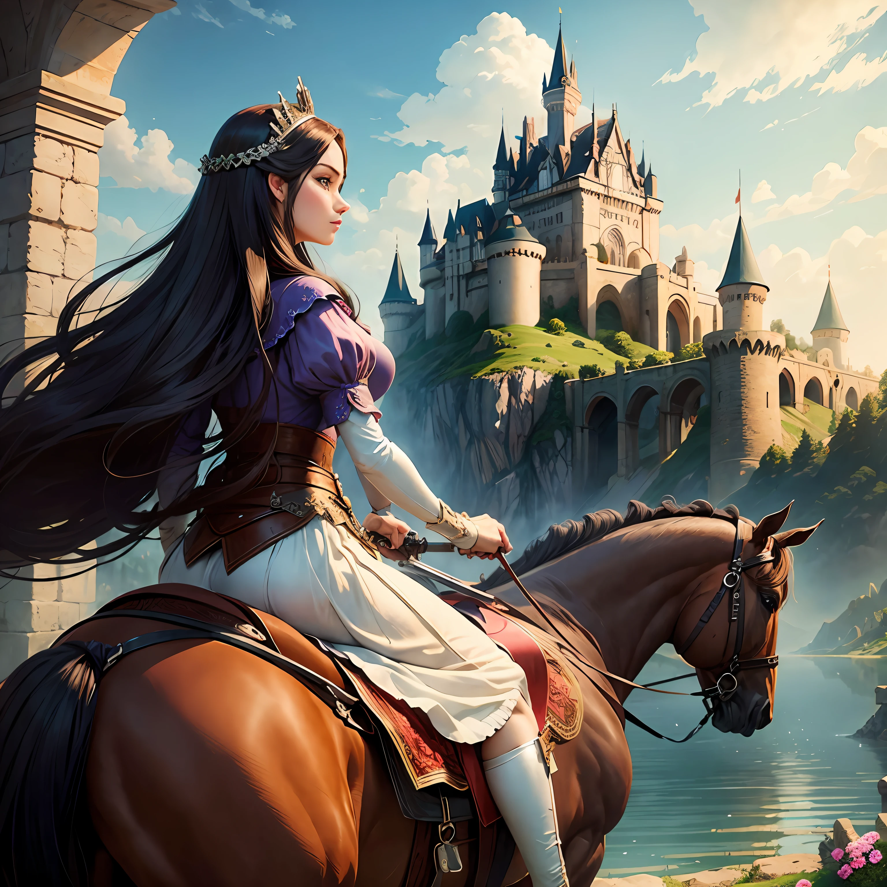 Princess on horseback,heroic look,Faraway view,The castle is in the background,Two-dimensional painting style --auto