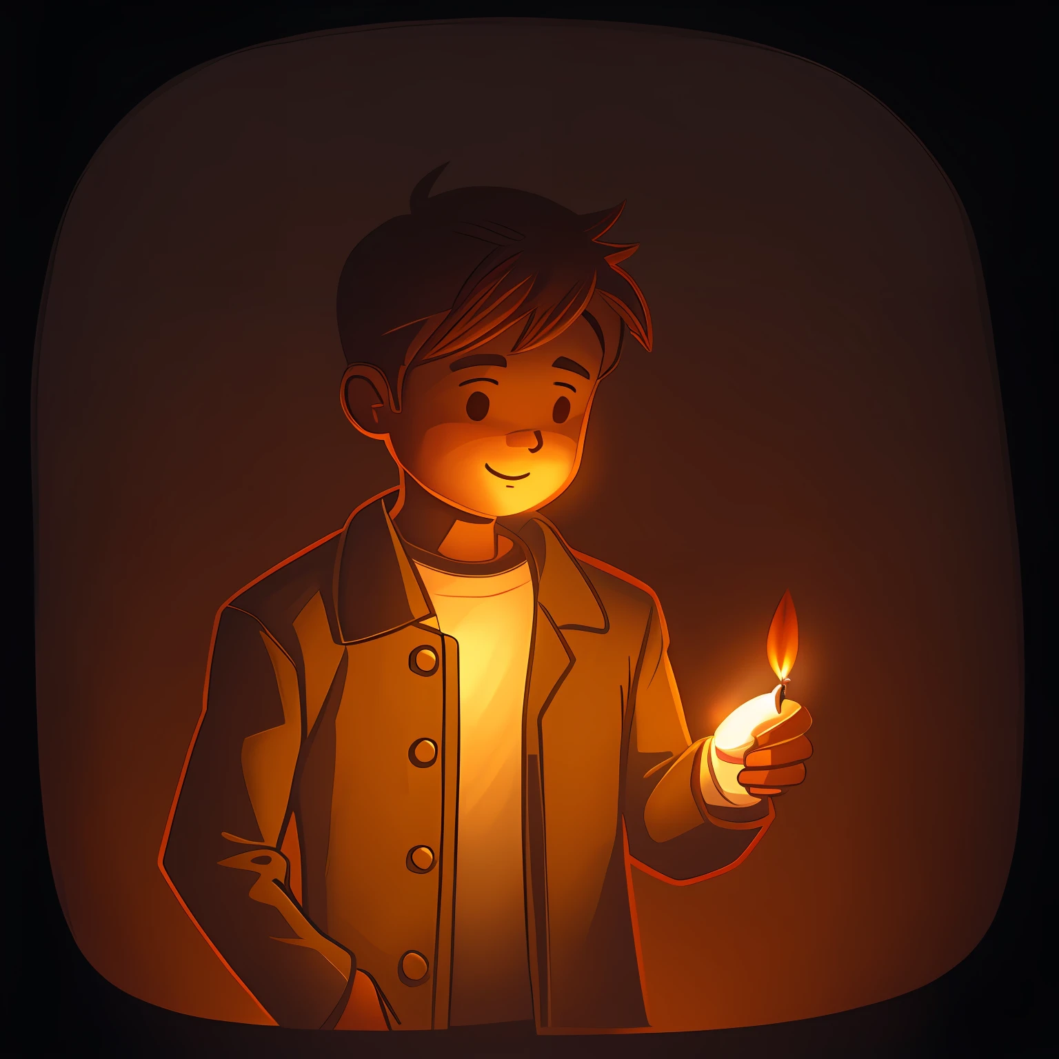 illustration: Cute man holding candle in left hand,Cover the surrounding darkness with the flickering light of your right hand