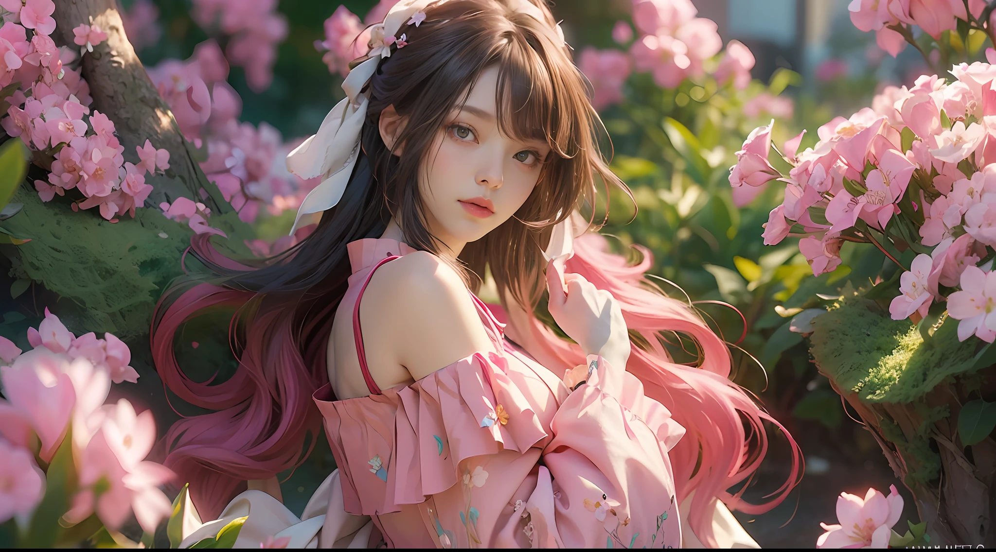 （（best qualtiy））， （（tmasterpiece））， （detail：1.4）， 3D， Beautiful cyberpunk female images，hdr（HighDynamicRange），Ray traching，NVIDIA RTX，Hyper-Resolution，illusory 5，sub surface scattering，PBR textures，post-proces，Anisotropy Filtering，depth of fields，maximum definition and sharpness，Many-Layer Textures，Albedo e mapas Speculares，Surface coloring，Mitsu-Accurate simulation of material interactions，perfectly proportioned，rendering by octane，Two-colored light，largeaperture，Low ISO，White balance，Rule three points、8K raw data、beautiful bright pupils，off-the-shoulder clothes，Fine pupils，Delicate face and eyes，long eyelasher，Blushlush，Delicate and fluffy hair，pink lip，Pure，Cute big breasts，Sweet girl，Artistic sense，Casual wear，Advancedsense，butterflys，Cherry blossom petal，Beautiful hair accessories，Long hair and waist，Hair fluttering in the wind