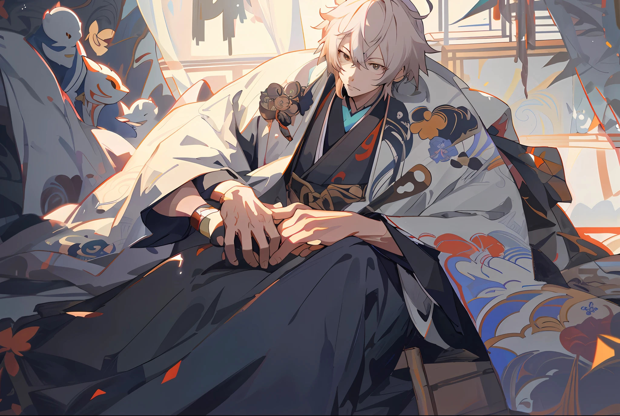 Anime characters sitting on beds,There is a cat on his lap, Guviz-style artwork, From Arknights, Onmyoji detailed art, clothed in old samurai uniform, trending on artstation pixiv, Guviz, Keqing from Genshin Impact, Alphonse mucha and rossdraws, makoto sinkai, guweiz masterpiece