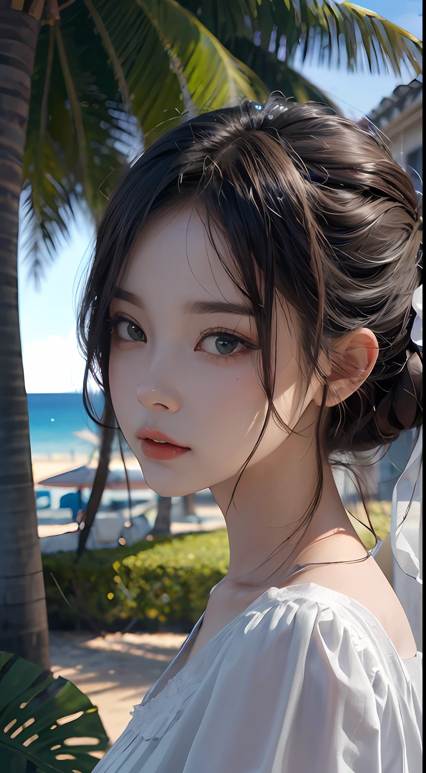 Phlegm sputum，dalcefo，(Solo)，realisticlying，painting of a，Fine face，夏天，beachside，sandbeach，Coconut Tree，cinematic lighitnglamplight，pretty  face，Slap in the face，Extreme Detail CG Unity 8K Wallpapers，tmasterpiece，Highest image quality，Delicate light and shadow，The picture is highly dramatic，Cinematic lens effect，Excellent rendering，Enough to stand out from the crowd。