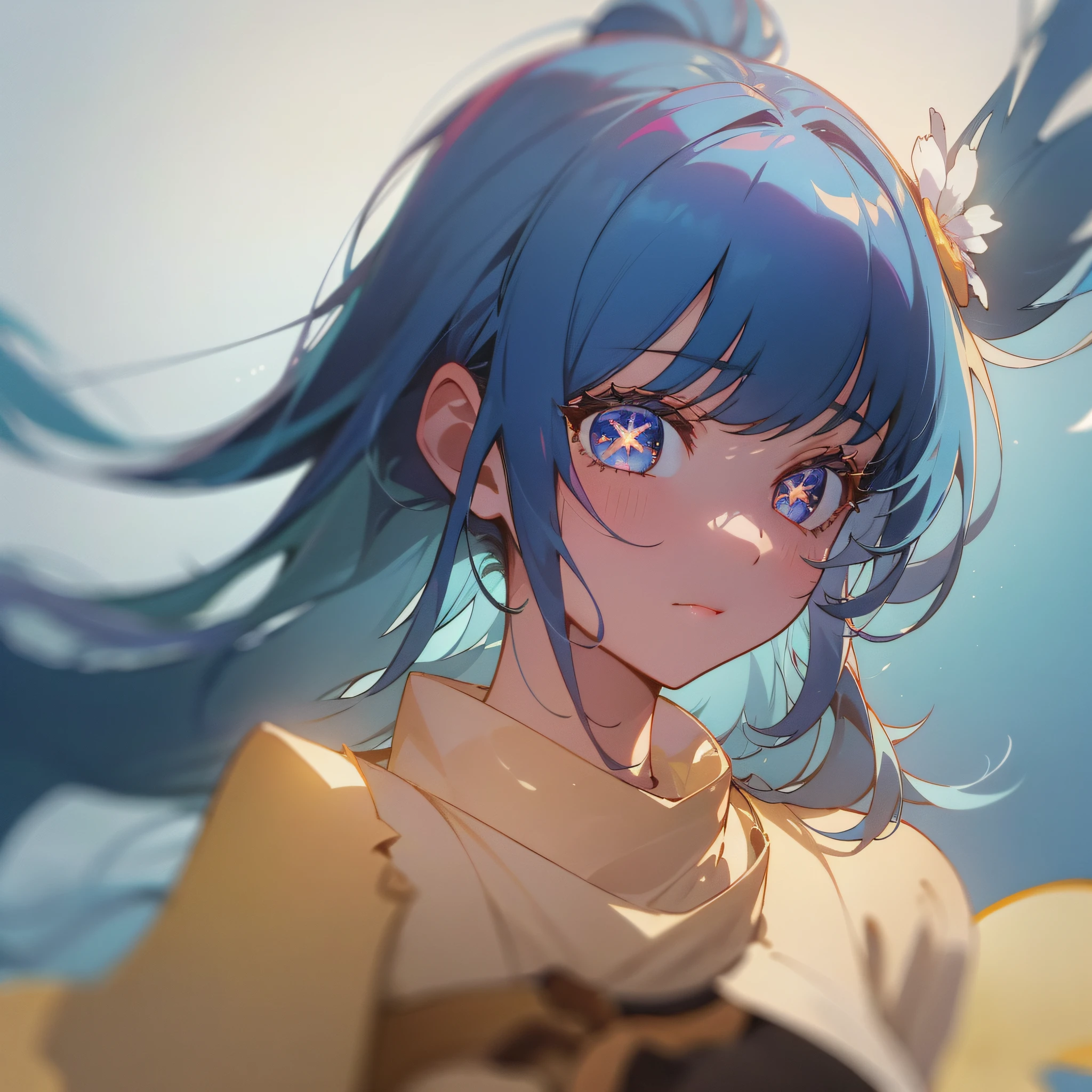 (masterpiece), (best quality), (ultra detailed),(disheveled hair),(illustration), (1girl), (Fashionable clothing), standing, Fashion model, looking at viewer, (interview), (simple background),beautiful detailed eyes, delicate beautiful face, Floating,(high saturation),(colorful splashes),colorful bubble,(shining), focus on face, ponytail, kamisato ayaka, light blue hair, bangs, hair ring, floating flowers, floating hairs, (shining), best lighting, best shadow,