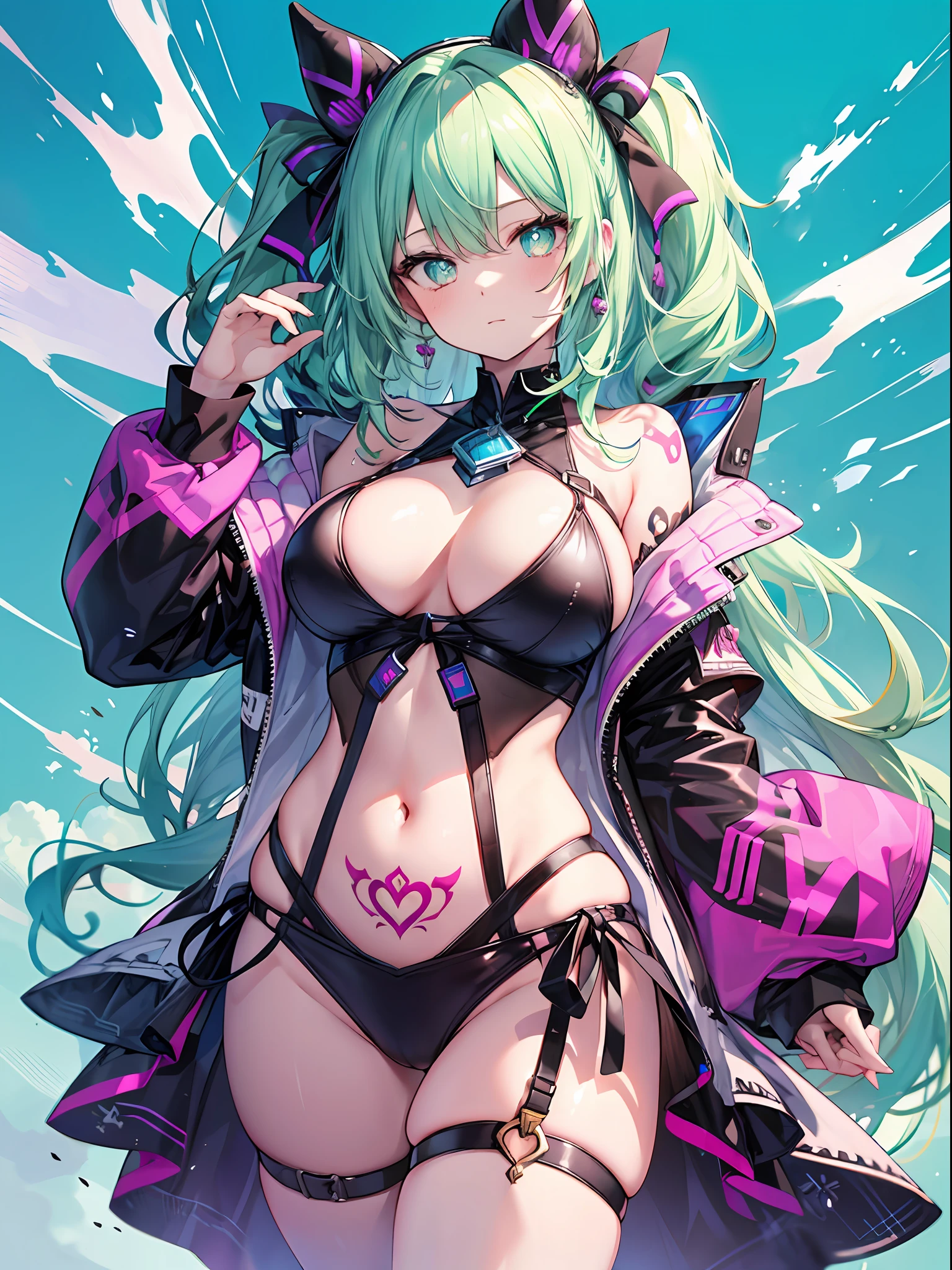 ((Best Quality)), ((masutepiece)), (Detailed), blackbikini, Kanji Mitsusato characters, 1girl Best Quality, Portrait, ultra-detailliert, Pretty Face, Perfect Anatomy, soil, pale skin, Huge pink green hair , perfect hair, Bangs, Eyes, pupils on, Dress perfectly, missiles, Hands, thick legs, Large Thigh, possession, Blue background, Fortnite,womb tattoos,glistening skin,cowboy shot