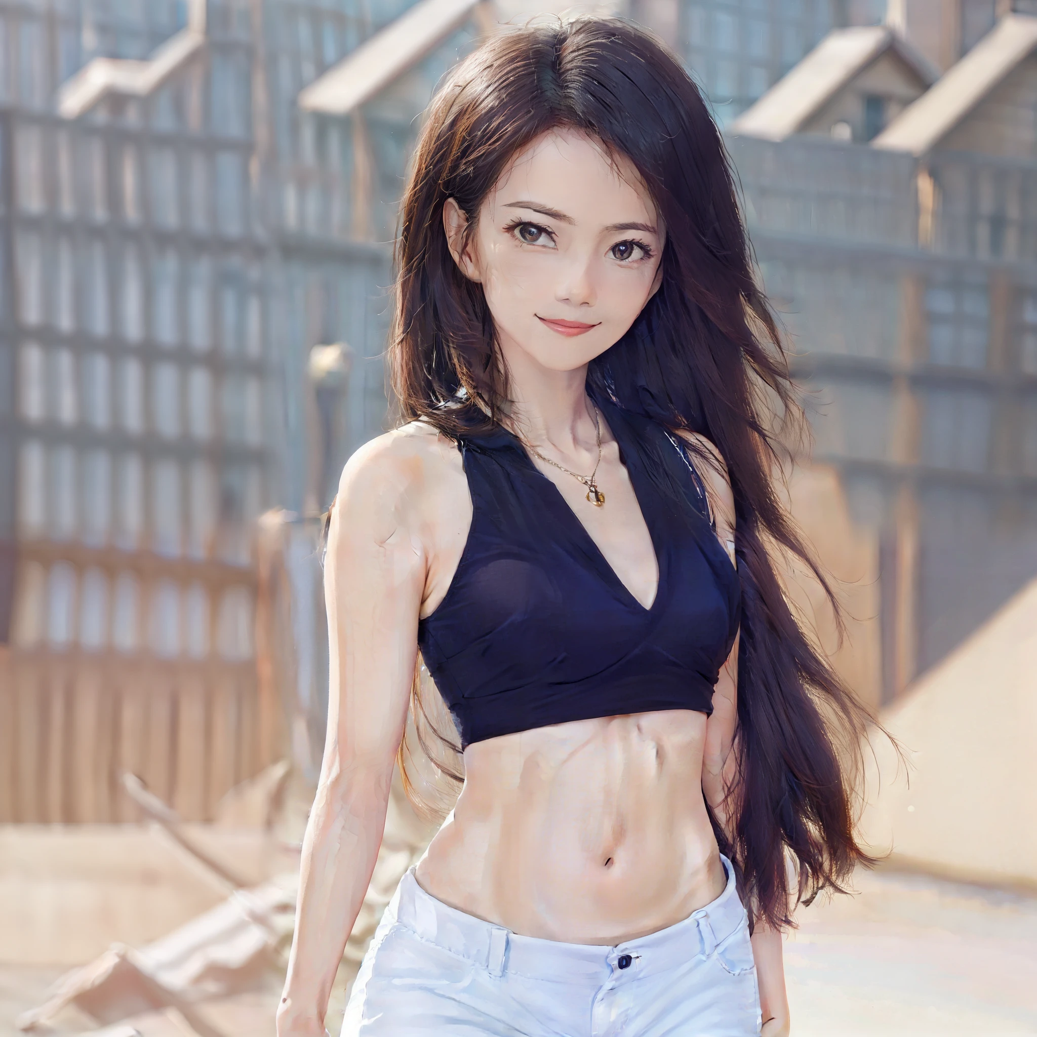 ((best qualtiy,8k,tmasterpiece:1.3)),1girll,Pretty woman who emphasizes slender abs:1.3,(random hair style:1.2),small vest:1.2,full bodyesbian:1.5, Super detailed face,Detailed eyes,二重まぶた,sandbeach,shorter pants:1.2,long leges