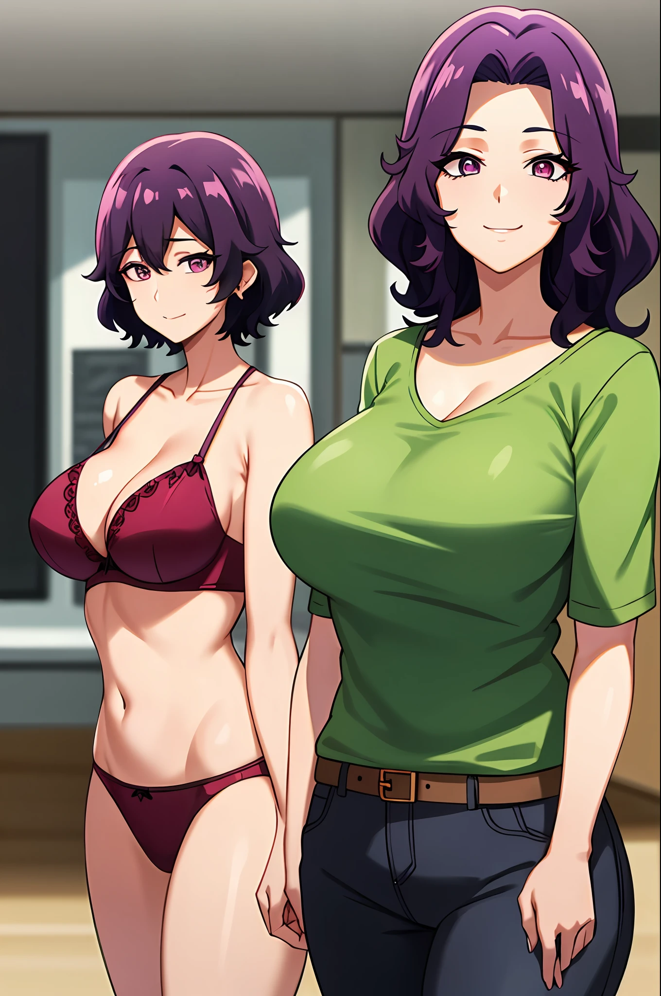 best qualityer,(tmasterpiece:1.2),highly detailed,sitted,Mature woman,
1girll, 独奏, hamaoka azusa,
looking at viewert,ssmile,,
Purple eye,Purple colored hair,short detailed hair,green-shirt,Red bra strap,Full buttocks,plumw,big breasts body