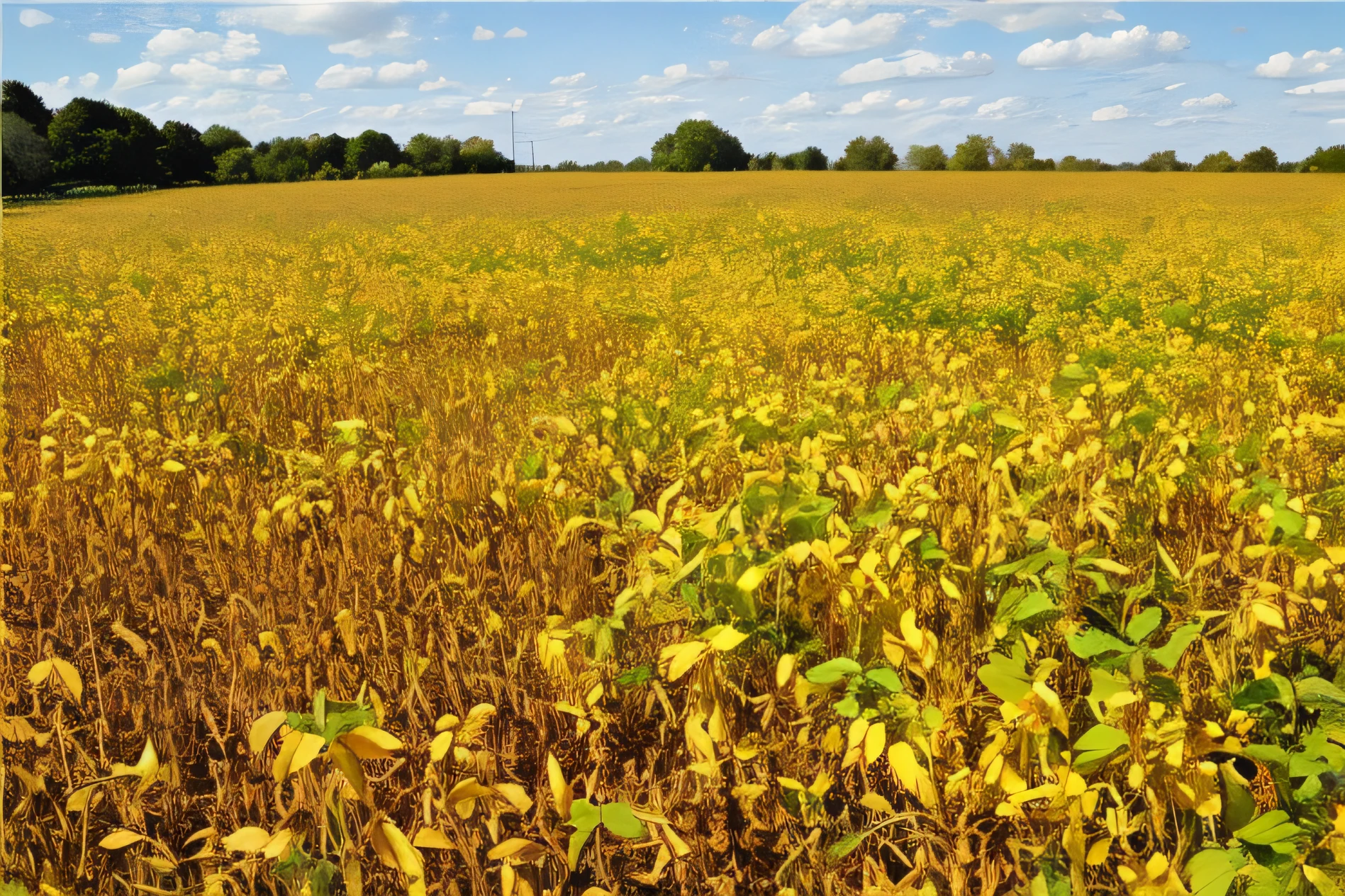 A yellow soybean field,The ground was littered with large soybean particles