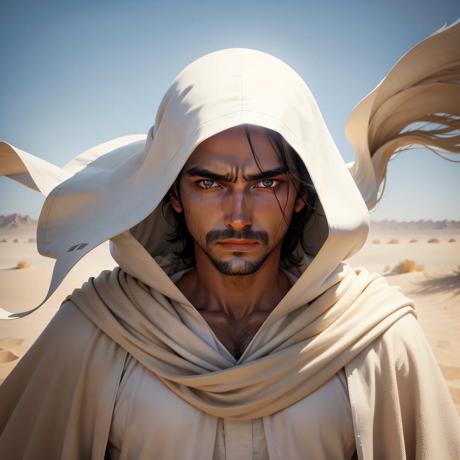 A man in a white robe stands in the desert,The wind and sand blew on his face,Black hair dangled in front of his eyes,Golden pupils stared straight ahead,bust,4K,k hd,photorealestic,Real Human --auto