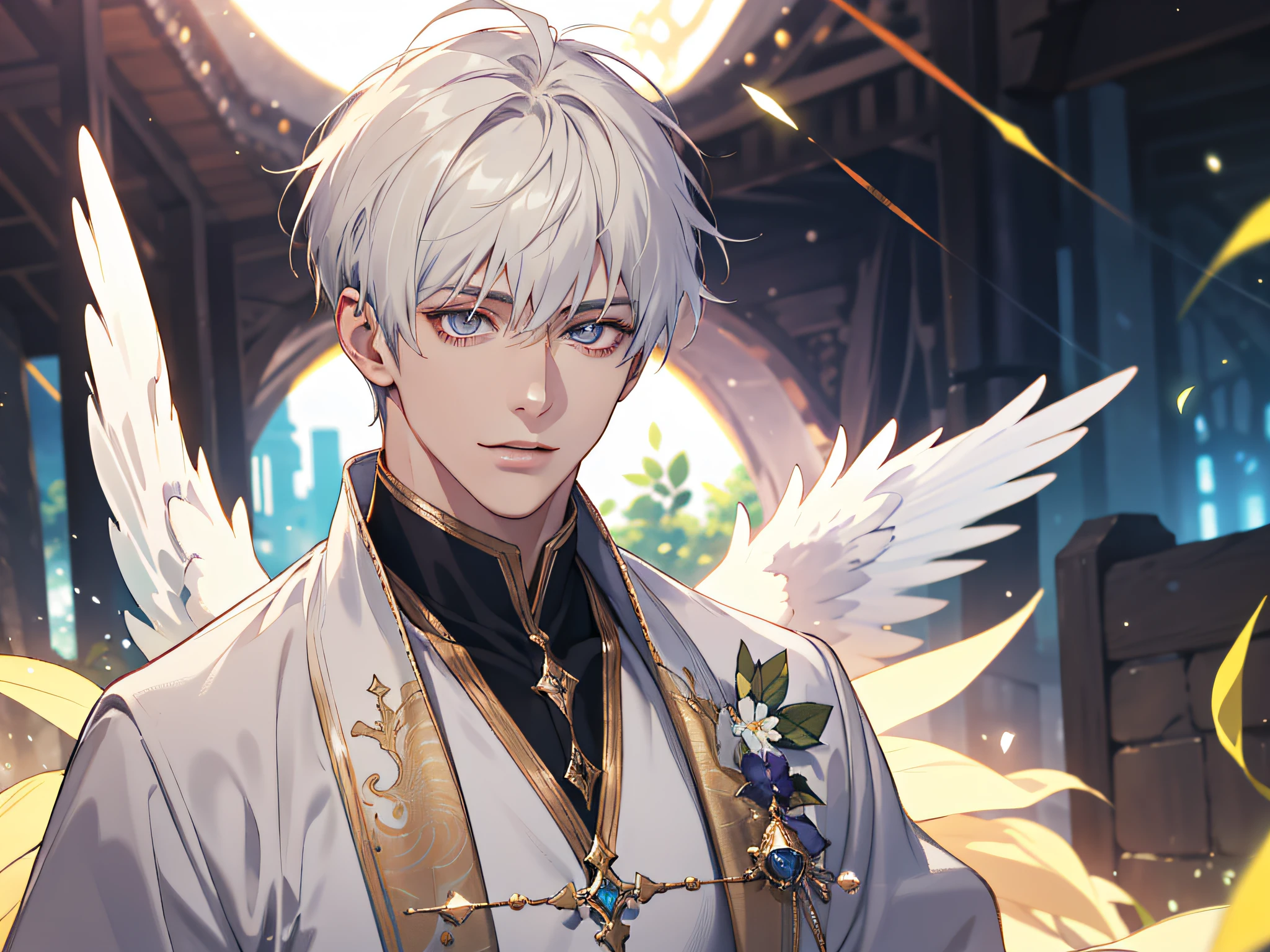 (absurdres, highres, ultra detailed), 1 male, adult, handsome, tall muscular guy, broad shoulders, finely detailed eyes and detailed face, pastel color short hair, fantasy, complex pattern, detailed face, angel wings, lens flare, colorful, glow white particles, white robe, gold bracelets and accessories, prism, glowing, glitter, particles, bloom, likes to celebrate and have fun, enjoys nature, bright and optimistic outlook, creative and adventurous spirit, represents happiness and harmony