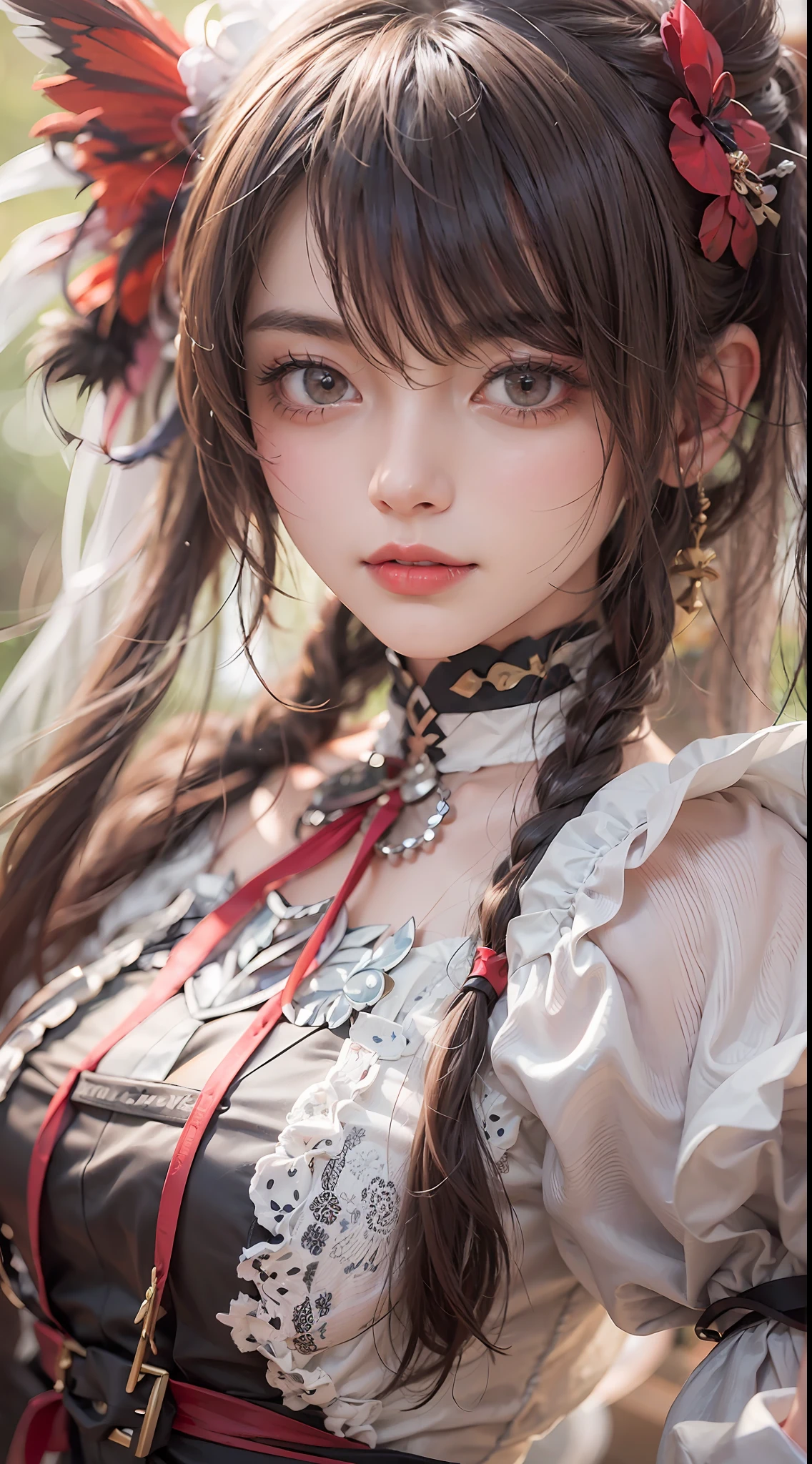 A beautiful young woman poses outside，A half body，dreamy hazy，In the style of Kawacy, Dark red and light black,webcam photography, Detailed costumes, Rodenstock Imagon 300mm F/5.8, Realistic impressions，soothing tones，pastel colour，