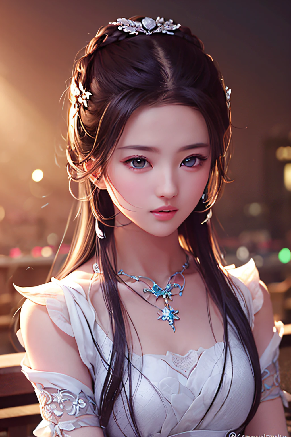 Best quality, Masterpiece, A high resolution, 1girll,china dress,hair adornments,necklace, jewelry,Beautiful face,after sexing_Body, Tyndall effect,Photorealistic, Dark Studio, rim lit, twotonelighting,(highdetailskin:1.2), 8K  UHD, Digital SLR, Soft lighting, High quality, voluminetric lighting, candid, photographed, high resolution, 4K, 8K, Bokeh,  .Jinstyle,  Building