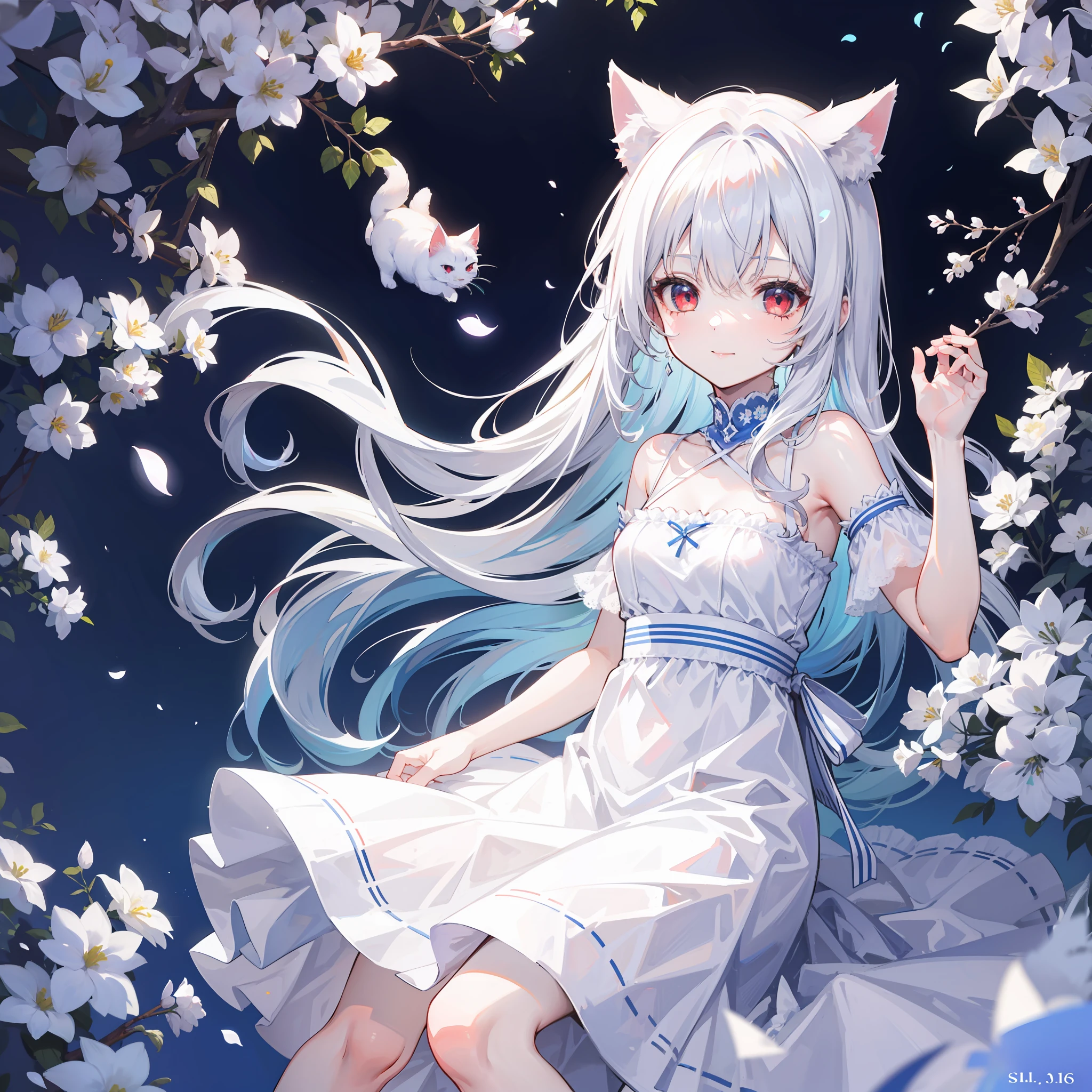 Girl with long white hair,16 year old cat ears,White tail,white dresses,Blue flowers dot red eyes,ssmile,Sideslit