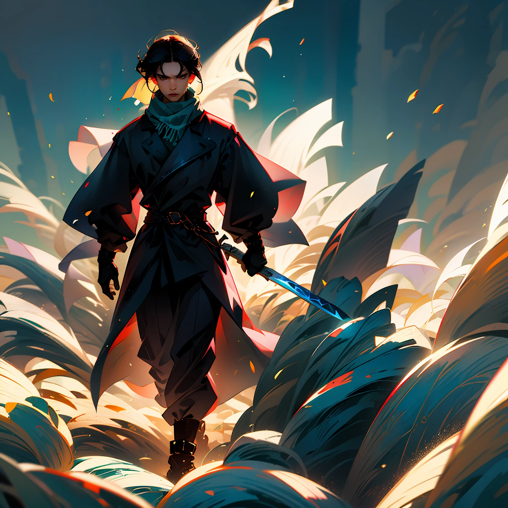 mtu,White scarf,Black brown hair,Brown trench coat,Hold the Tang knife,erect through,heroic look --auto