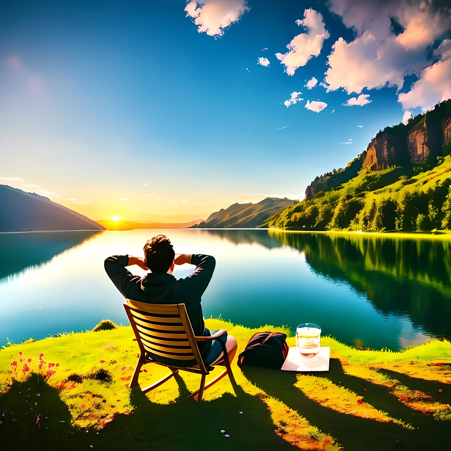 There was a man sitting on a chair on the hill,Overlooking the lake, sentado em frente a um lago, chill time. Good view, lonely scenery yet peaceful!!, perto de um lago, by Muggur, sittinng on the river, stunning nature in background, epic scenic shot, Beautiful place, Beautiful environment, in a scenic environment, sitting relax and happy