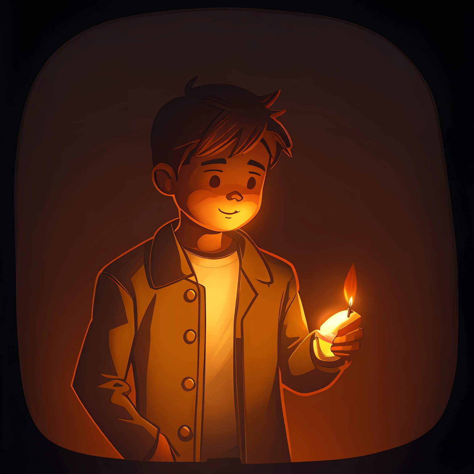 "illustration:Cute man holding candle in left hand,The right hand is covered with flashing lights,The surrounding darkness was gradually dispelled"